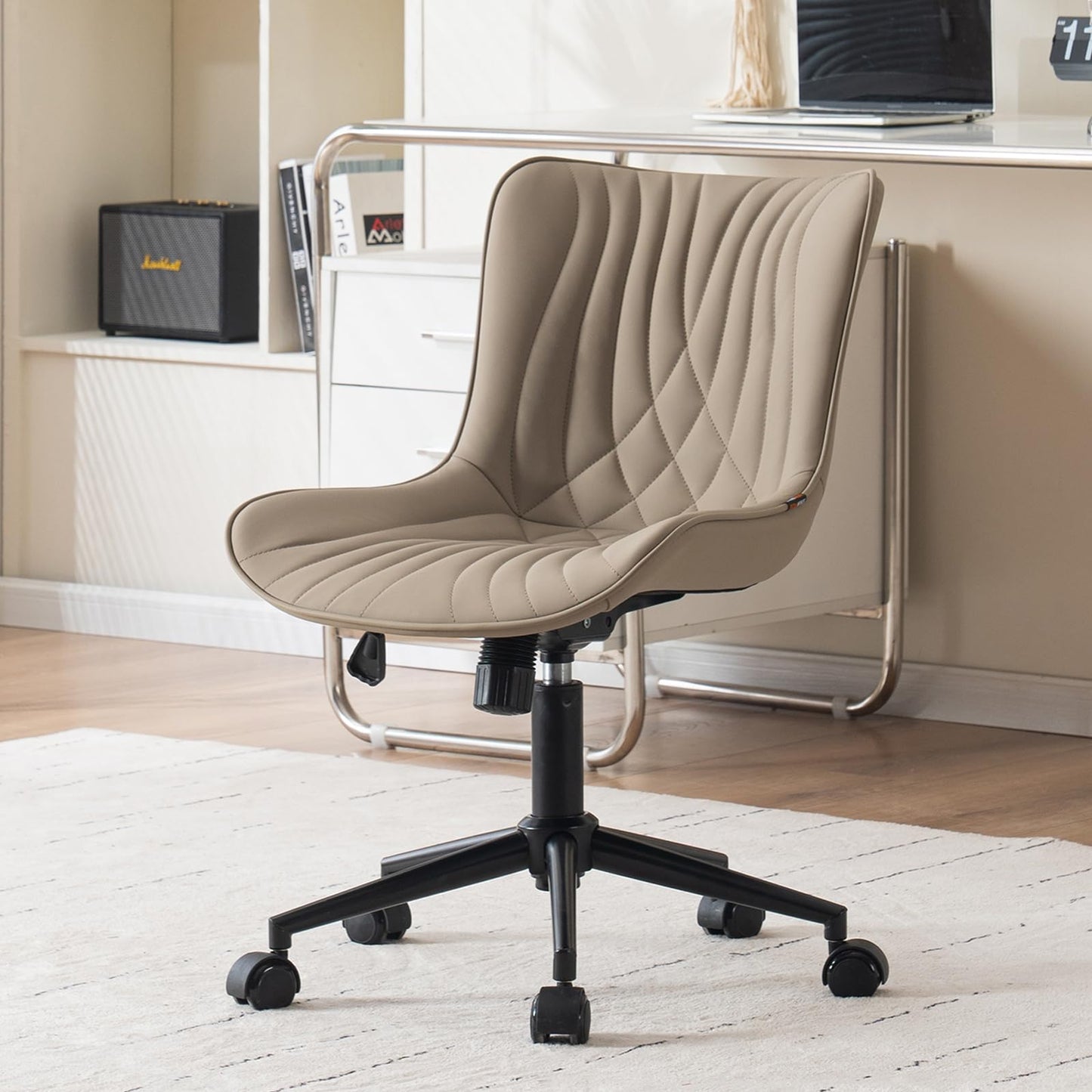 YOUTASTE Office Chair Adjustable, Ergonomic Desk Chair Armless PU Leather Swivel Chairs with Wheels for Home Office Computer, Modern, Khaki