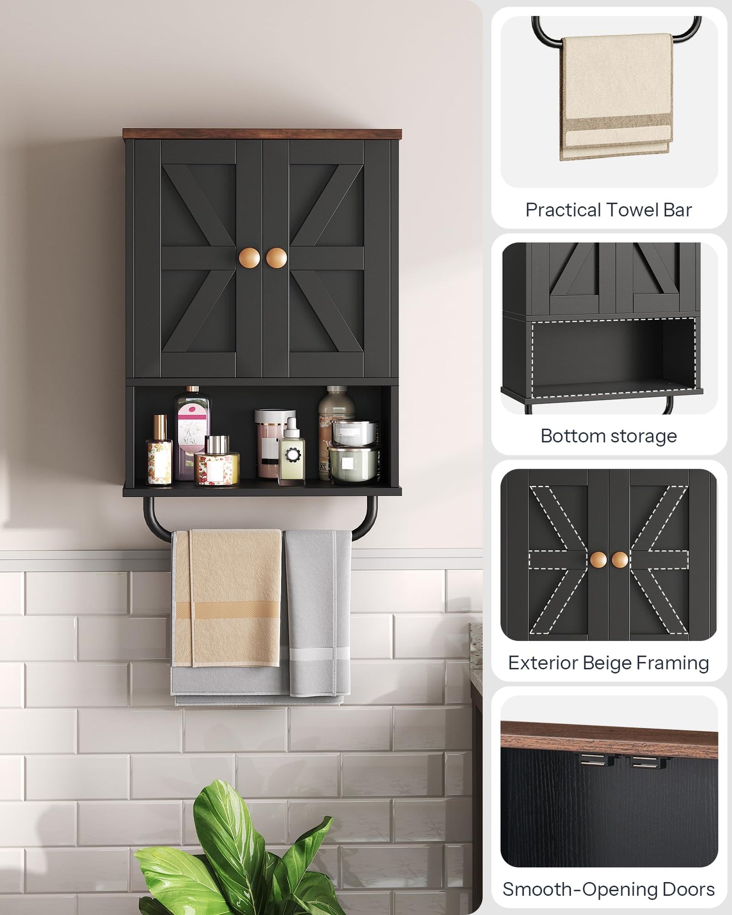 CHOEZON Bathroom Wall Cabinet, Medicine Cabinet with Open Partition and Towel Bar, Rustic Storage Cabinet with Open and Hidden Storage Space