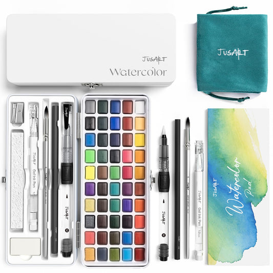 JusArt 50 Colors Watercolor Paint Set,Art Supplies with Metallic Color, Detail Painting Brushes, Water Brush Pens, Portable Travel Painting Kit for