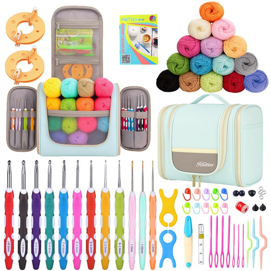 Knitiss Crochet Kits with Case, Beginner Crochet Set Includes 15 Yarn Skeins & 12 Ergonomic Crochet Hooks
