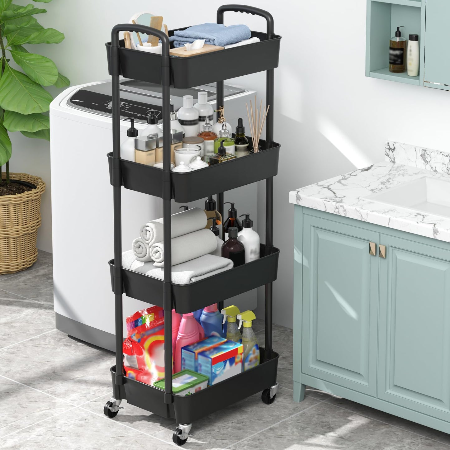 Sywhitta 4-Tier Plastic Rolling Utility Cart with Handle, Multi-Functional Storage Trolley for Office, Living Room, Kitchen