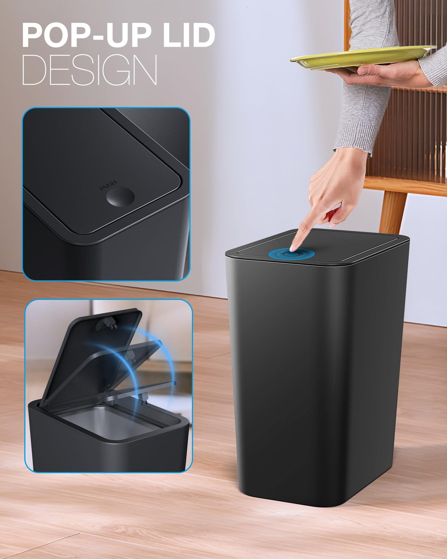 ITCPRL Bathroom Trash Can with Lid, 2 Pack 4 Gallons/15 Litres Garbage Can with Pop-Up Lid, Small Plastic Trash Can