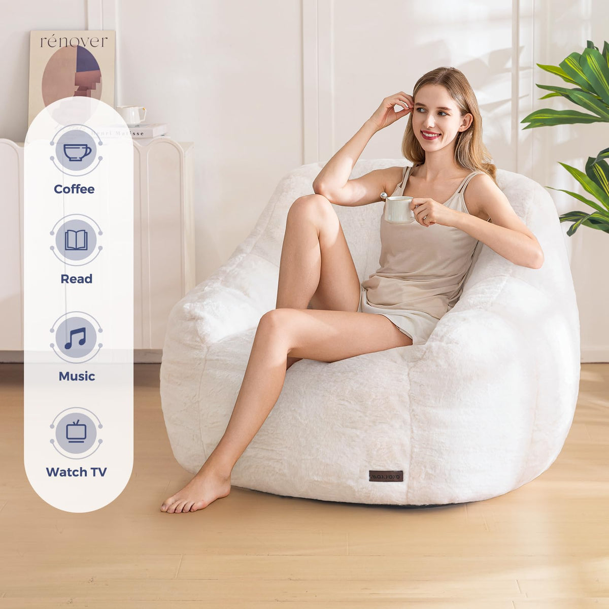MAXYOYO Bean Bag Chair for Adults or Children, Soft Faux Fur Floor Single with Filling, Comfy Bean Bag Sofa with Back Support, Accent Chair