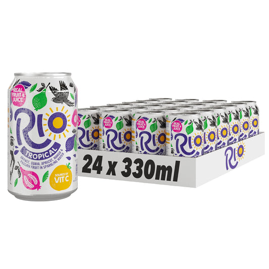 Rio Tropical Original Fizzy 24 Cans Soft Drink Pack with Real Orange, Apricot, Mango, Passion Fruit and Guava Juice Flavours Lightly Sparkling Cans of