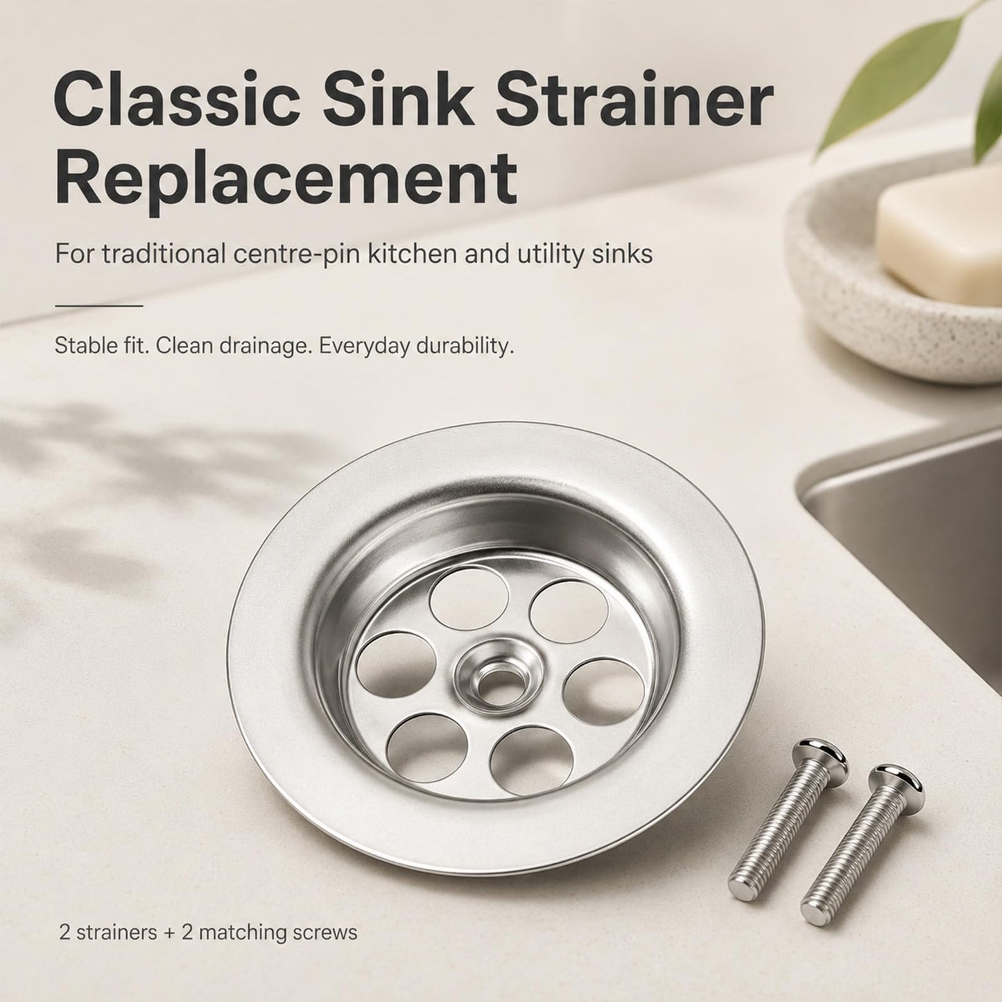 2 Pack 70mm Screw-In Sink Strainer Waste Baskets for Kitchen & Bathroom