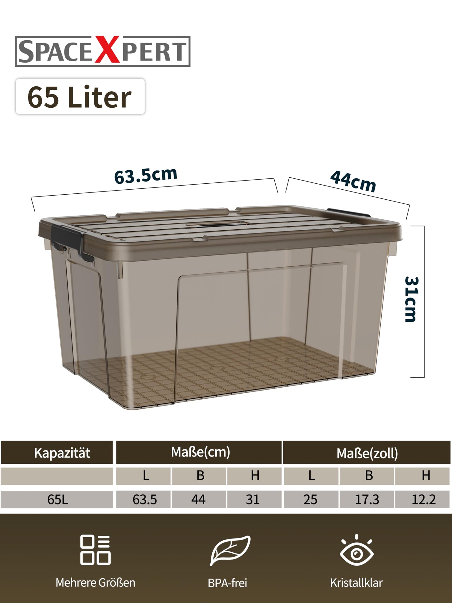 SpaceXpert Storage Boxes with Lid 65L, Plastic Storage Box with Handle, Stackable Container for Home Office Garage Accessories, Hand-Carryable Bin