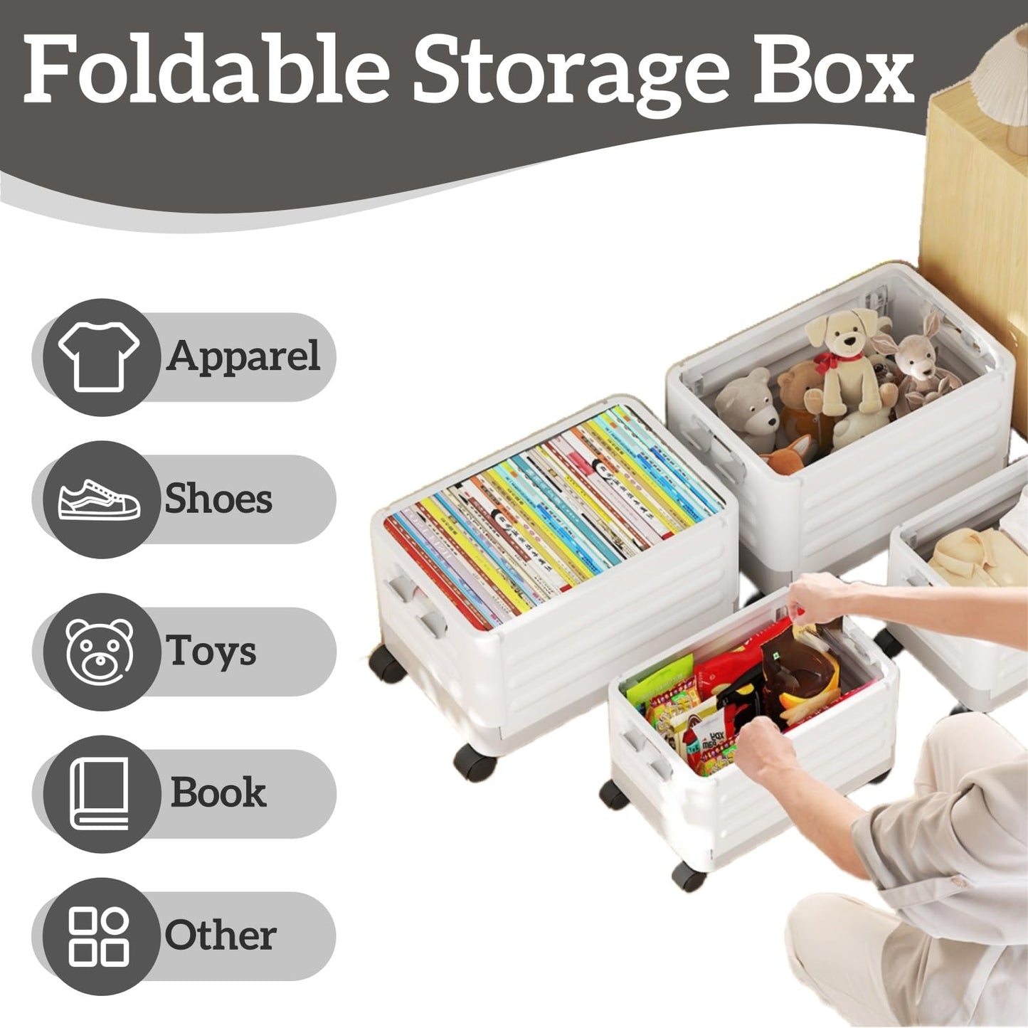 40L Foldable Storage Box with Wheels Heavy Duty Storage Trunk Organiser with Lid 360° Rotating Wheels & Fixed Handle