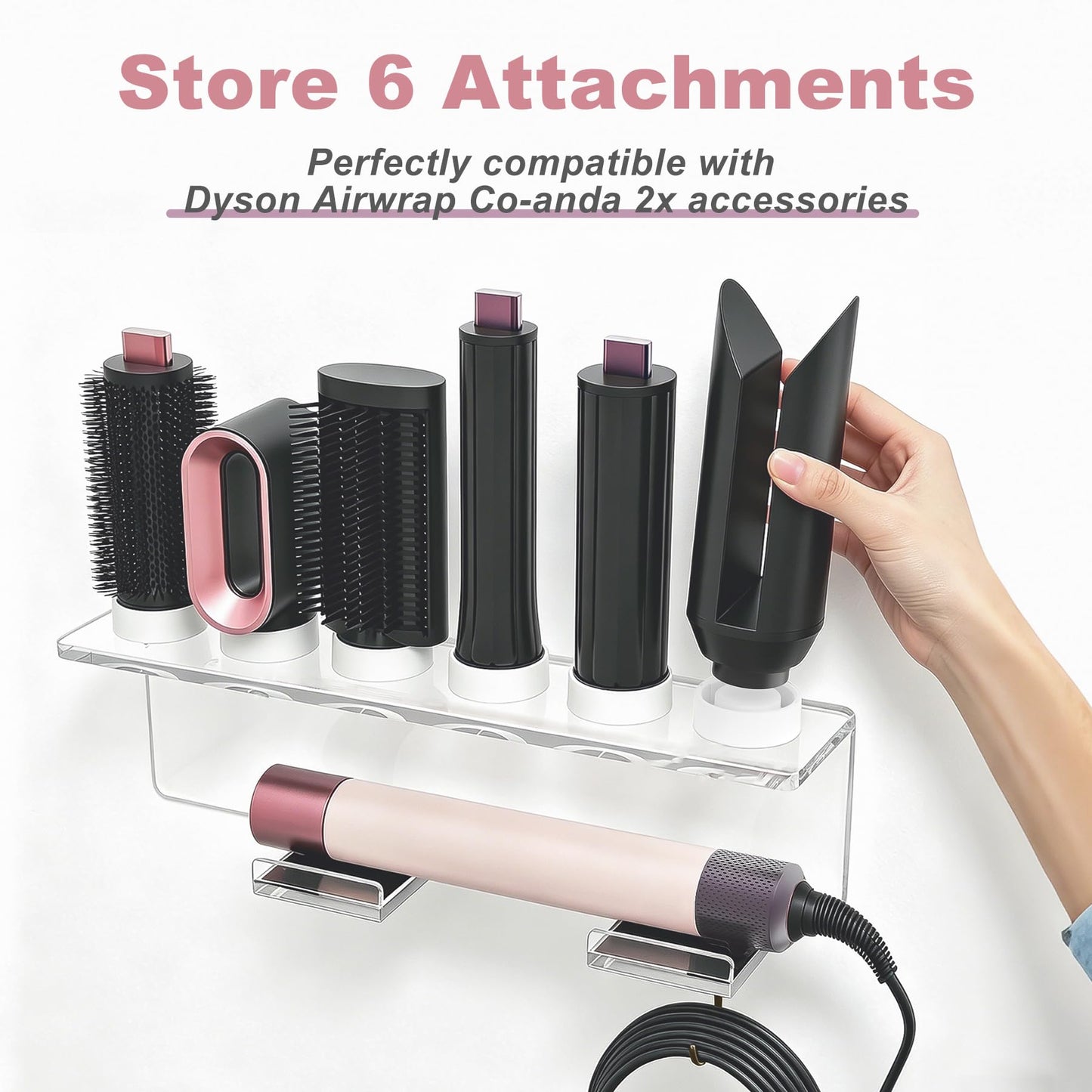 Affogato Wall Mount Holder Compatible with All Dyson Airwrap Styler Accessories, Upgraded Acrylic 6 Holes Storage Organizer Rack for Bathroom