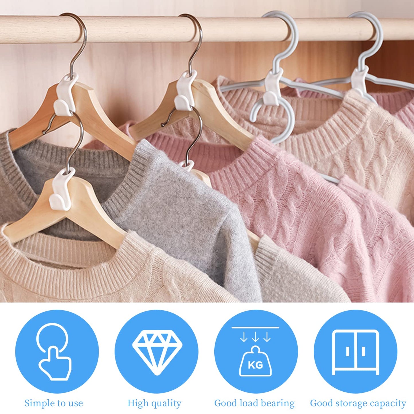 50 Pack Clothe Hanger Connector Hooks, Multi-Layer Stackable Hanger, White