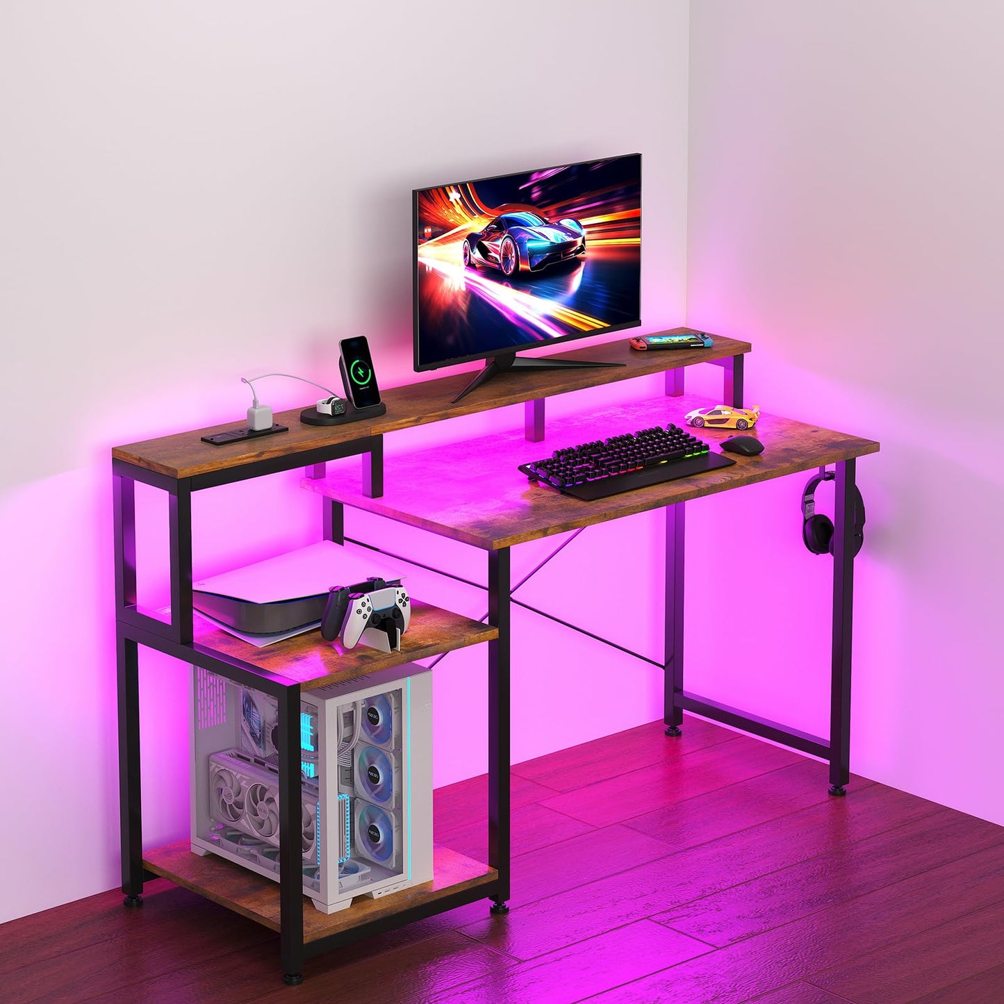 CAIYUN Computer Desk with Printer Stand, 48 Inch Computer with Power Outlets & Adjustable LED, Office Desk with Monitor Stand Rise