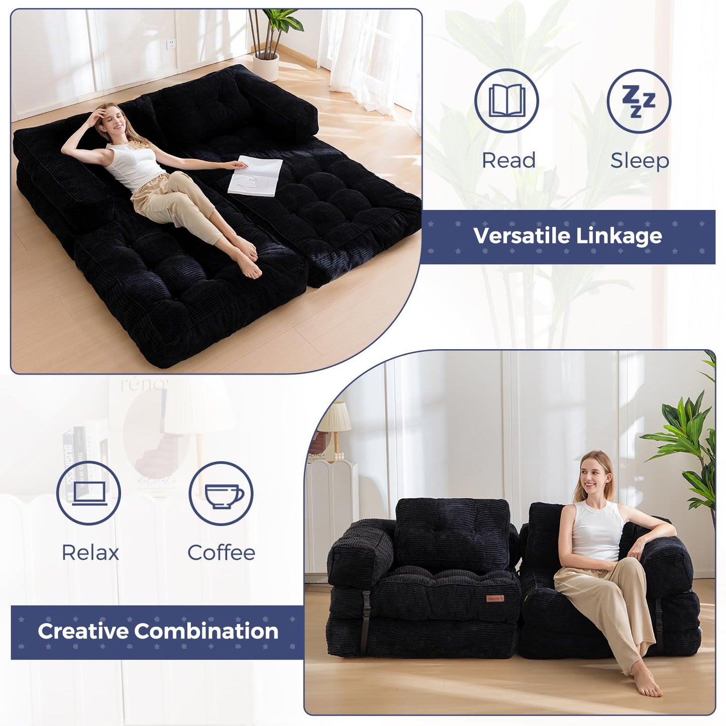 MAXYOYO Foldable Sofa Bed,Bean Bag Couch Convertible Sleeper Chair with Armrest L-Shaped Floor Lounge Sofa with Pillow Portable Lounge Seat for