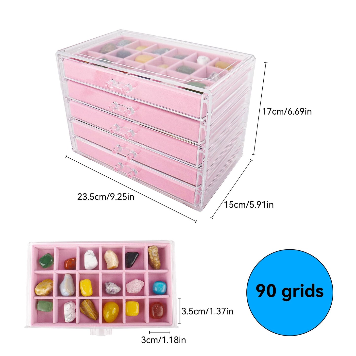 Dmnnlp Rock Display Case, 5 Drawers 90 Grids Acrylic Rock Collection Box, Storage Cases for Small Rocks Gemstone Fossil Crystal Stone Jewellery