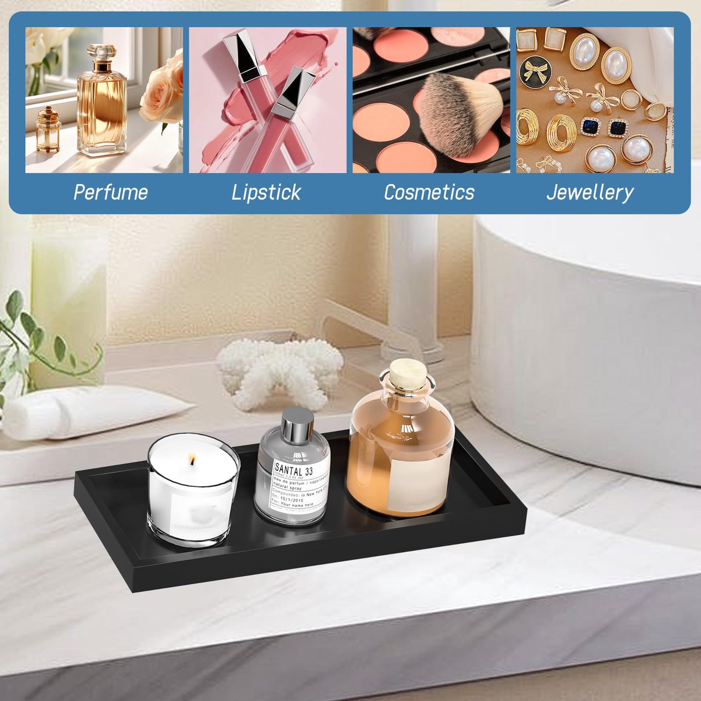 2 Pcs Bathroom Vanity Tray with 2 Soap Tray, 20 × 10 cm Black Rectangular Silicone Decorative Tray for Storage Perfume, Candles, Soap, Dressing