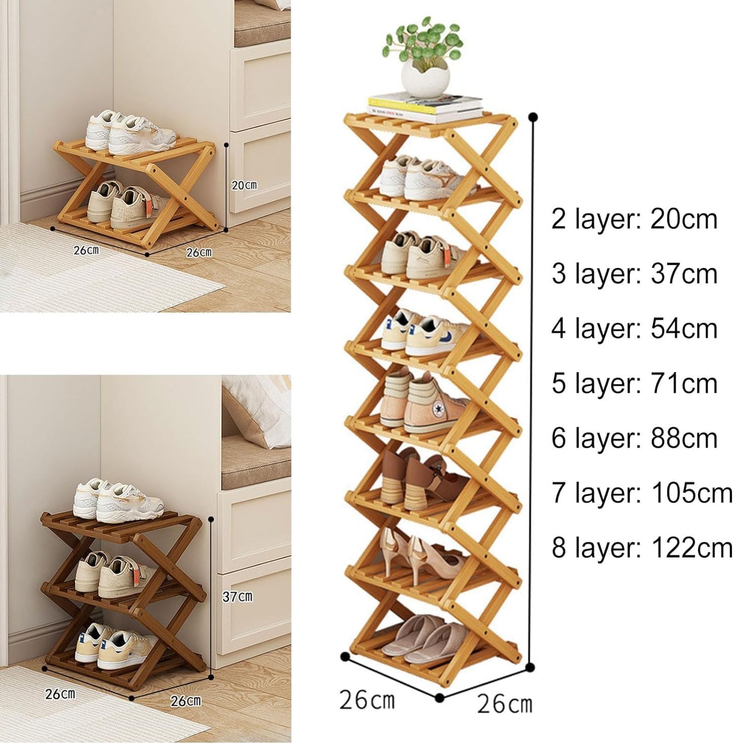 Kiss Me Bamboo 8-Tier Vertical Narrow Folding Shoe Rack