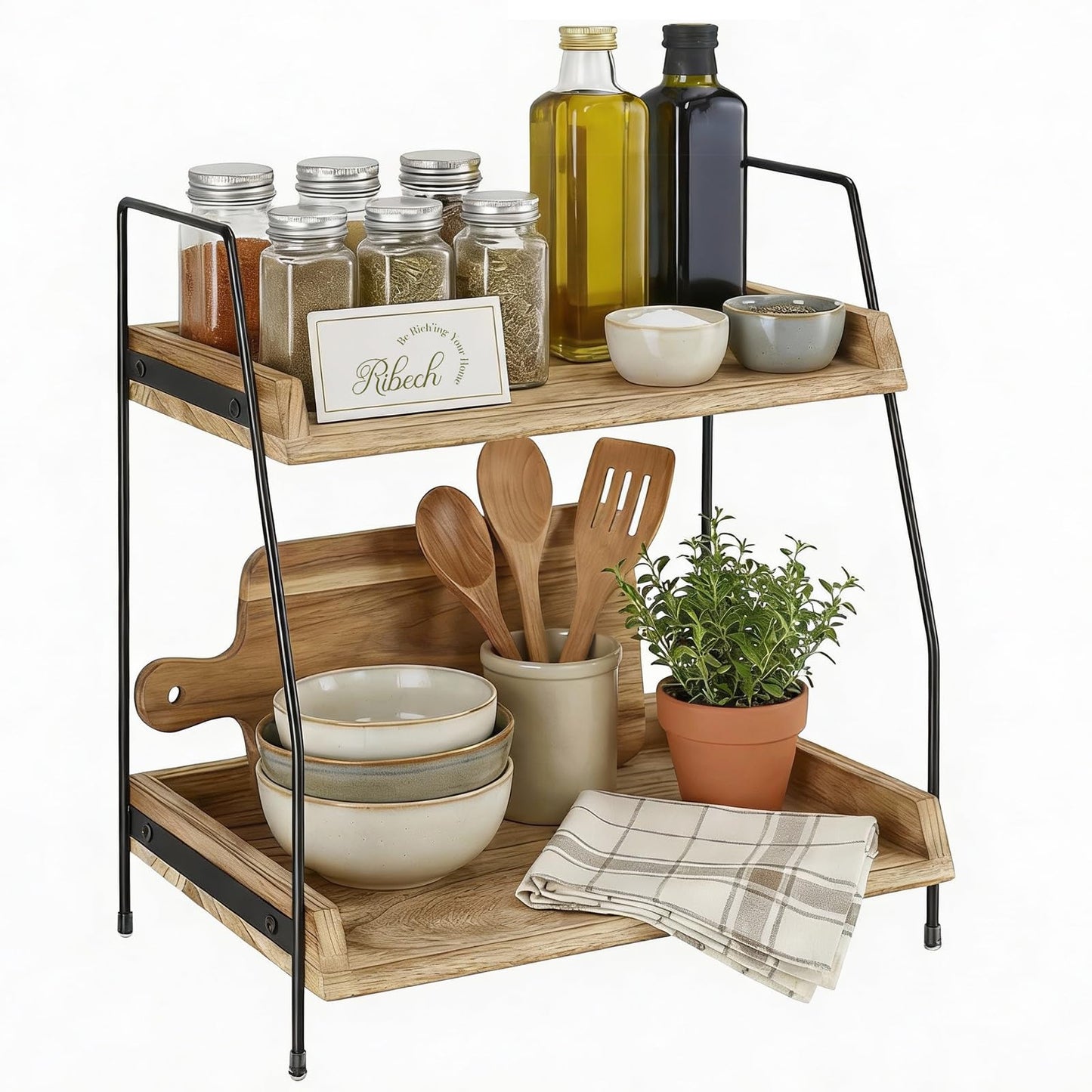 Ribech Wooden Coffee Organizer, 2 Tier Kitchen Worktop Shelf, Suitable for Kitchen, Home and Office - Brown