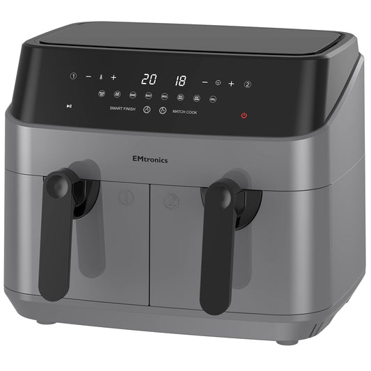 EMtronics EMAFDD9LGR Dual Air Fryer Extra Large Family Size Double XL 9 Litre with 8 Adjustable Pre-Set Menus for Oil Free & Low Fat Healthy Cooking,