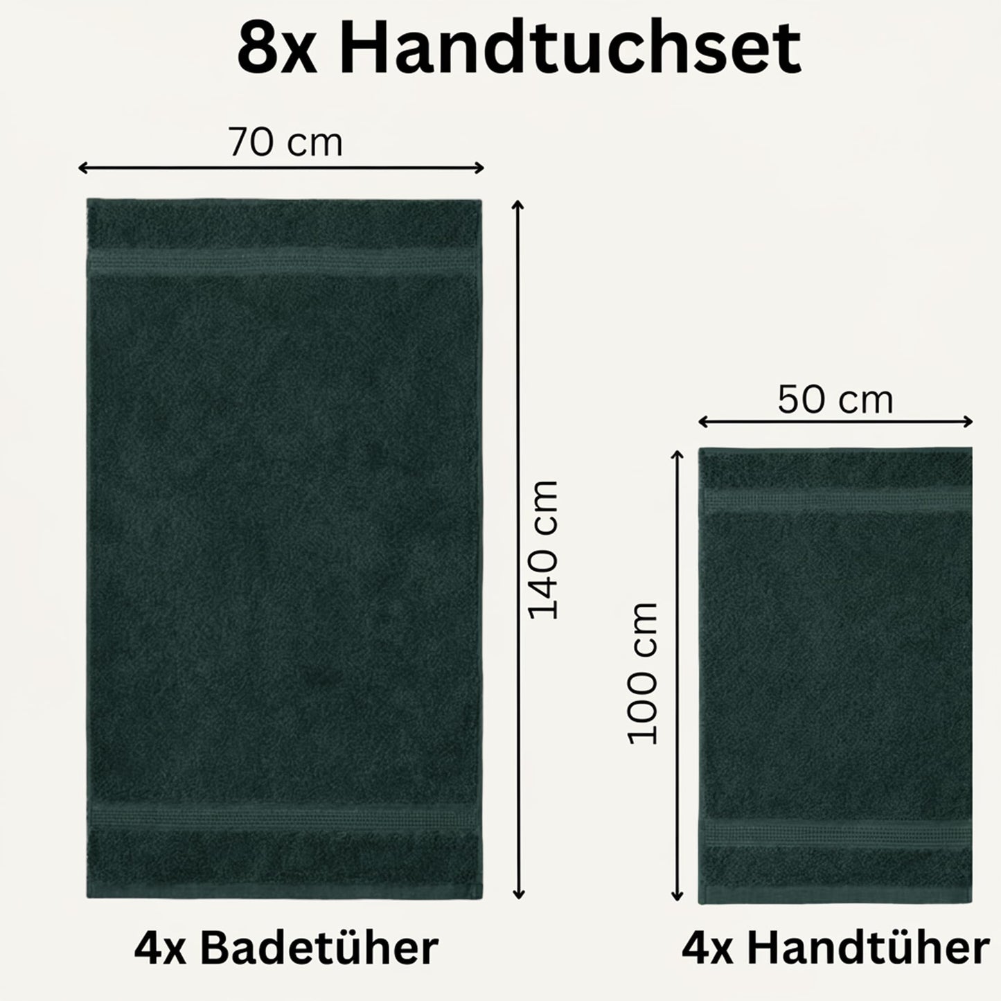 Komfortec Set of 8 Hand Towels 100% Cotton, 4 Bath Towels 70 x 140 cm and 4 Hand Towels 50 x 100 cm, Terry Cloth, Soft, Towel, Large, Dark Green