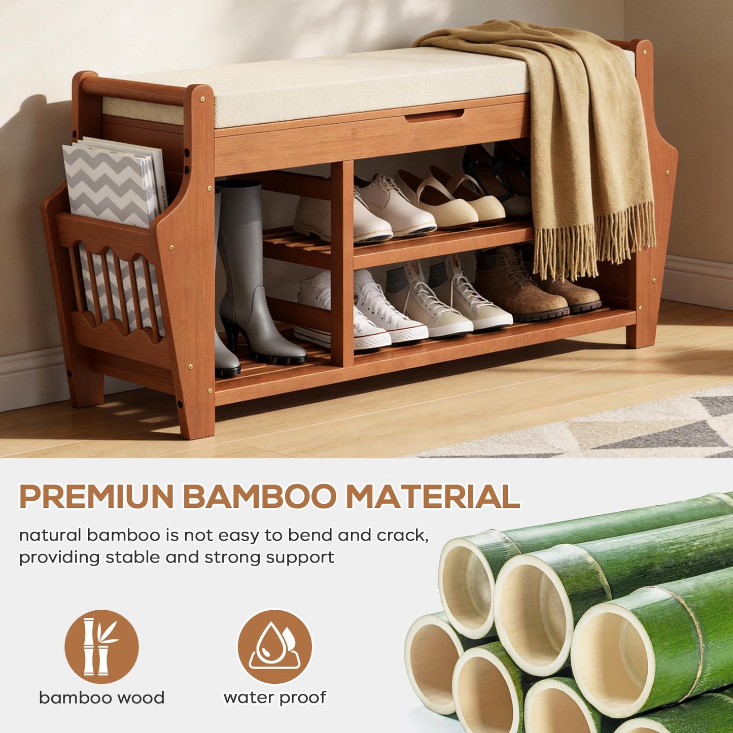 39.4in Shoe Bench with 2 Holder, 3 Tier Bamboo Entryway Bench with Storage