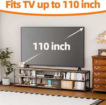 Aquzee 100 Inch TV Stand Cabinet, 249 cm Wide Large TV Unit for 85" - 110" TV, 3-Tier Wood TV Console Table with Open Storage Shelves