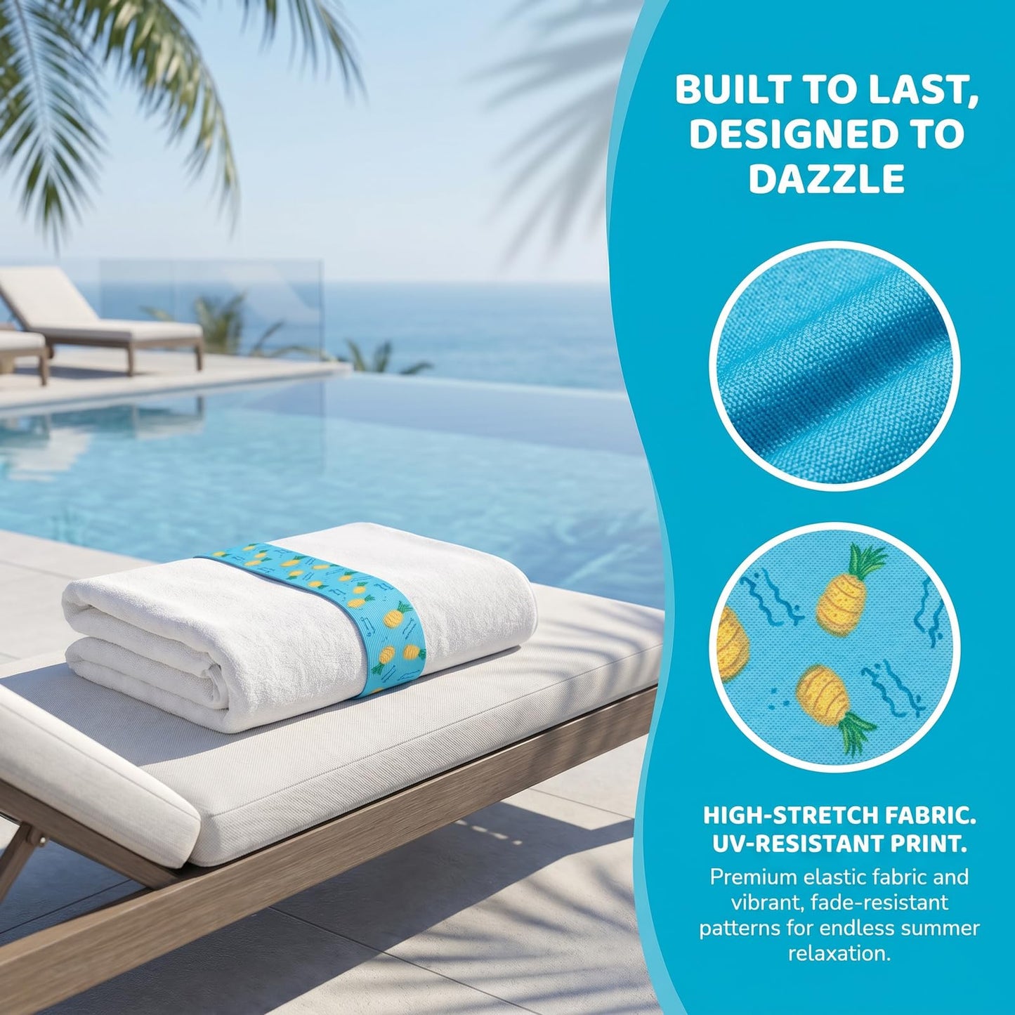 Merzio 5Pcs Beach Towel Bands for Sun Loungers, Elastic Windproof Sunbed Towel Clips, Cruise Essentials Accessories for Pool Chairs
