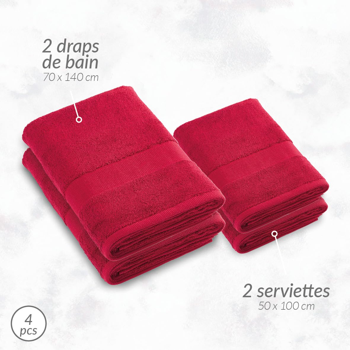 Pure Cotton - Set of 2 Towels & 2 Bath Sheets - Combed Cotton Fabric - Standard 100 Oeko-TEX - Washable 40°C - 2 x 50 x 100 cm / 2 x 70 x 140 cm