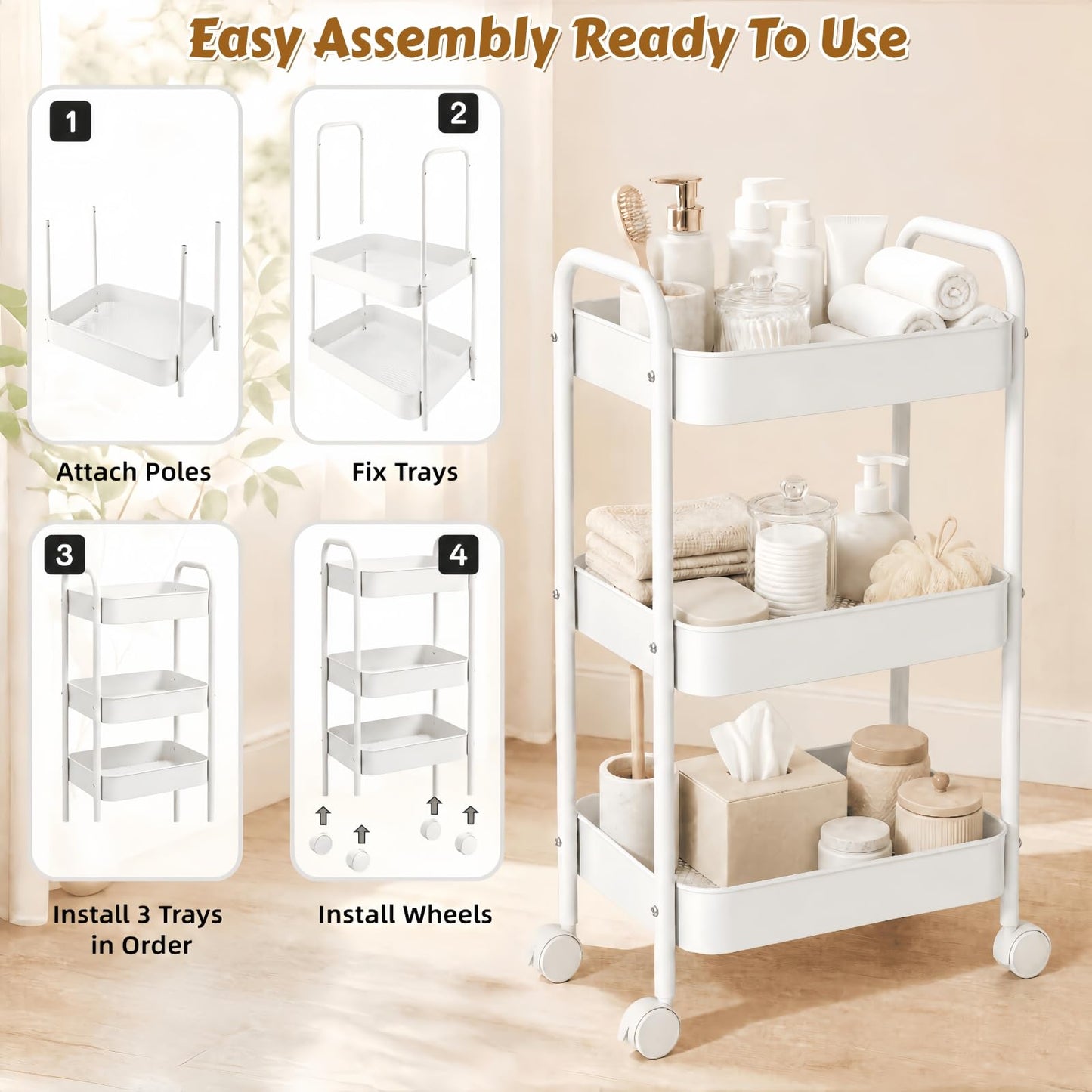Siocok 3 Tier Metal Storage Trolley on Wheels, Storage Cart, Rolling Utility Cart, Easy Assembly for Home Kitchen, Bathroom Laundry and Office