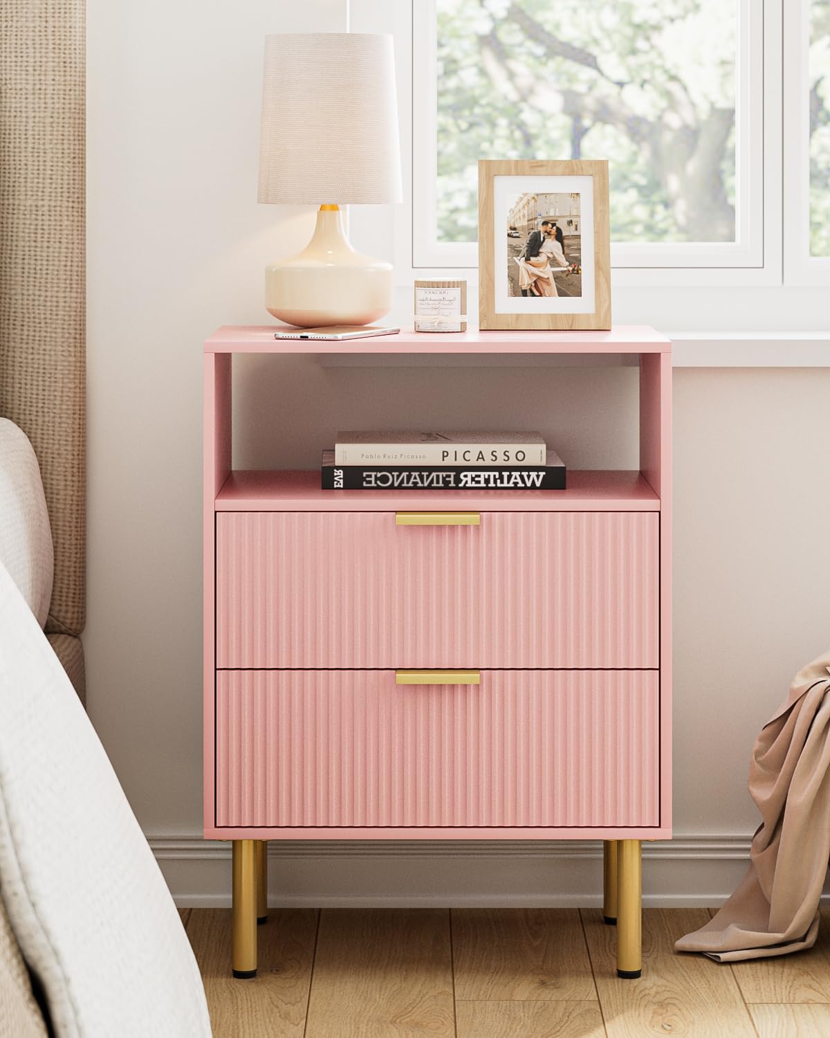 Apetaccat Bedside Table with 2 Drawers, Modern Bedside Cabniet with Metal Legs, Fluted Nightstand, Side Table for Bedroom, Living Room, Office, Pink