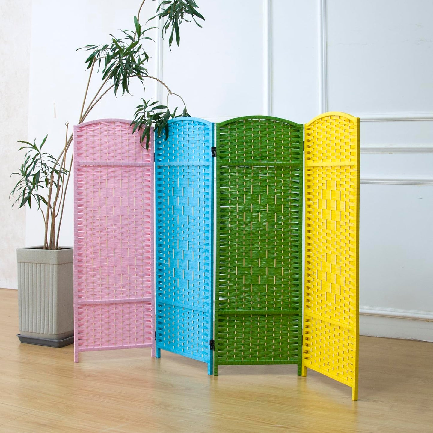 Furnnylane 4 Panel Colorful Rattan Divider Short Room Partition Screen,Double Sided Short Folding Divider for Room Separation,120 cm Tall