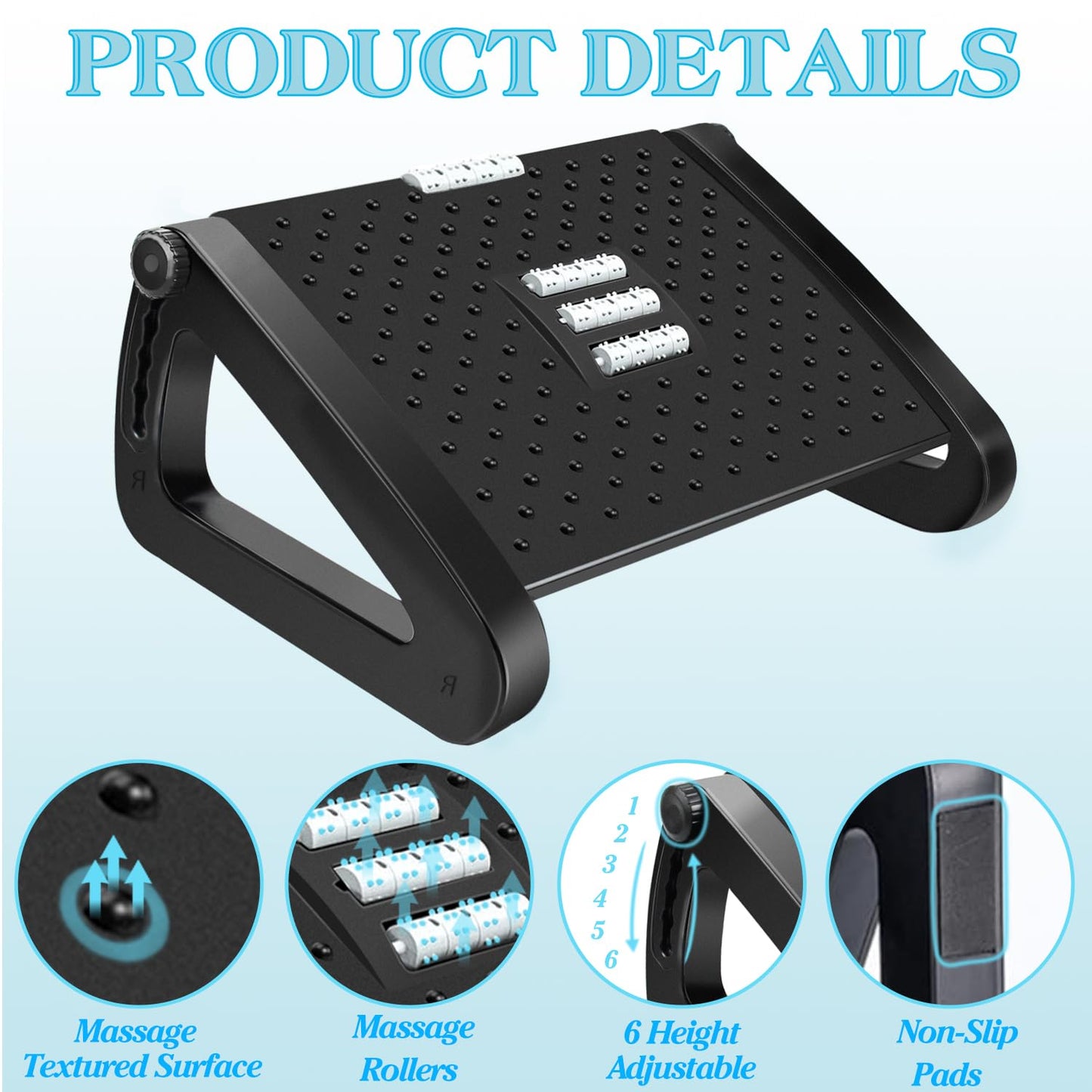 Qcdou Foot Rest Under Desk, Adjustable Office Foot Rest, Ergonomic Foot Stool with Roller Massager
