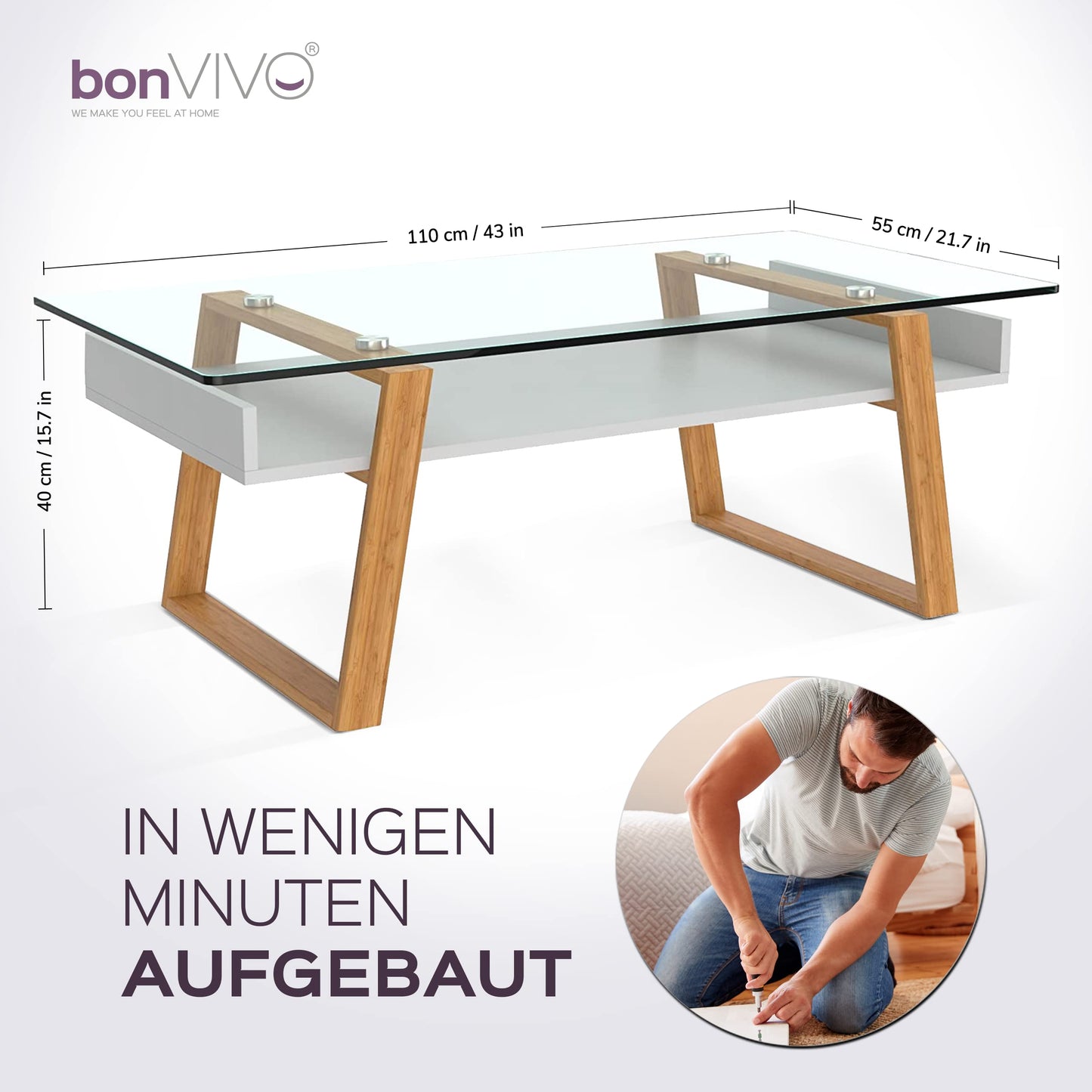 bonVIVO Black Glass Coffee Table with Bamboo - Modern Glass Table Living Room with Shelf 110 x 55 x 40 cm
