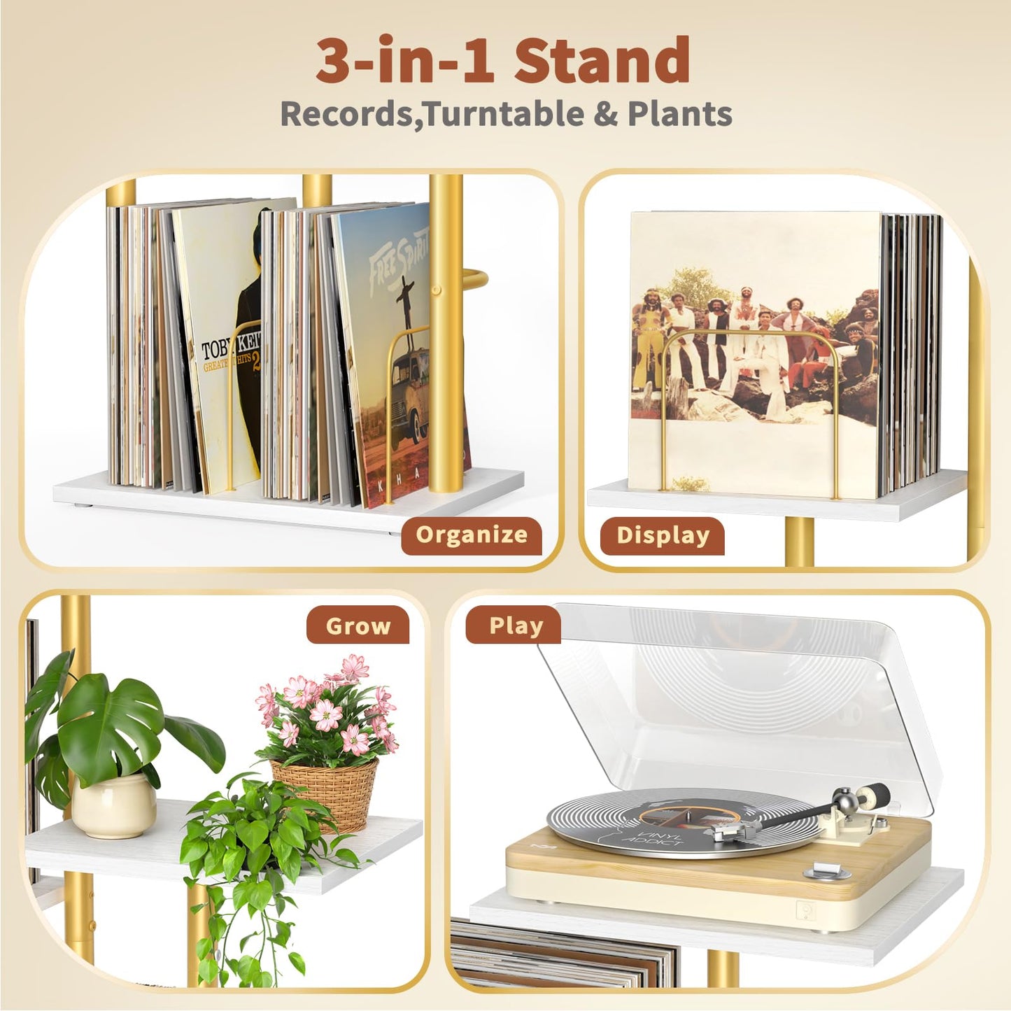 Bikoney Botanical Record Player Stand with LP Vinyl Display Shelf - Gold