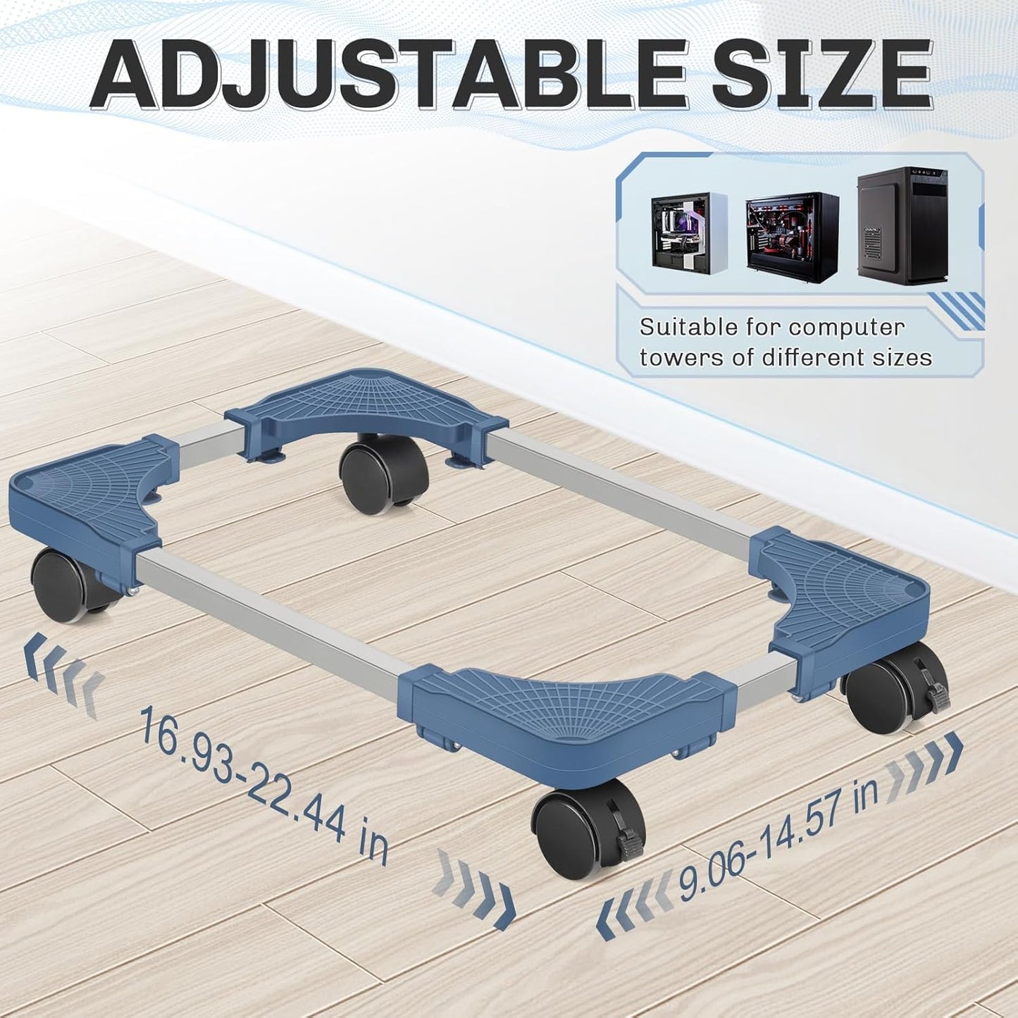 Hmseng Pc Tower Stand, Adjustable Mobile CPU Stand with 4 Rolling Caster Wheels, Fits Most PC Under Desk-Blue