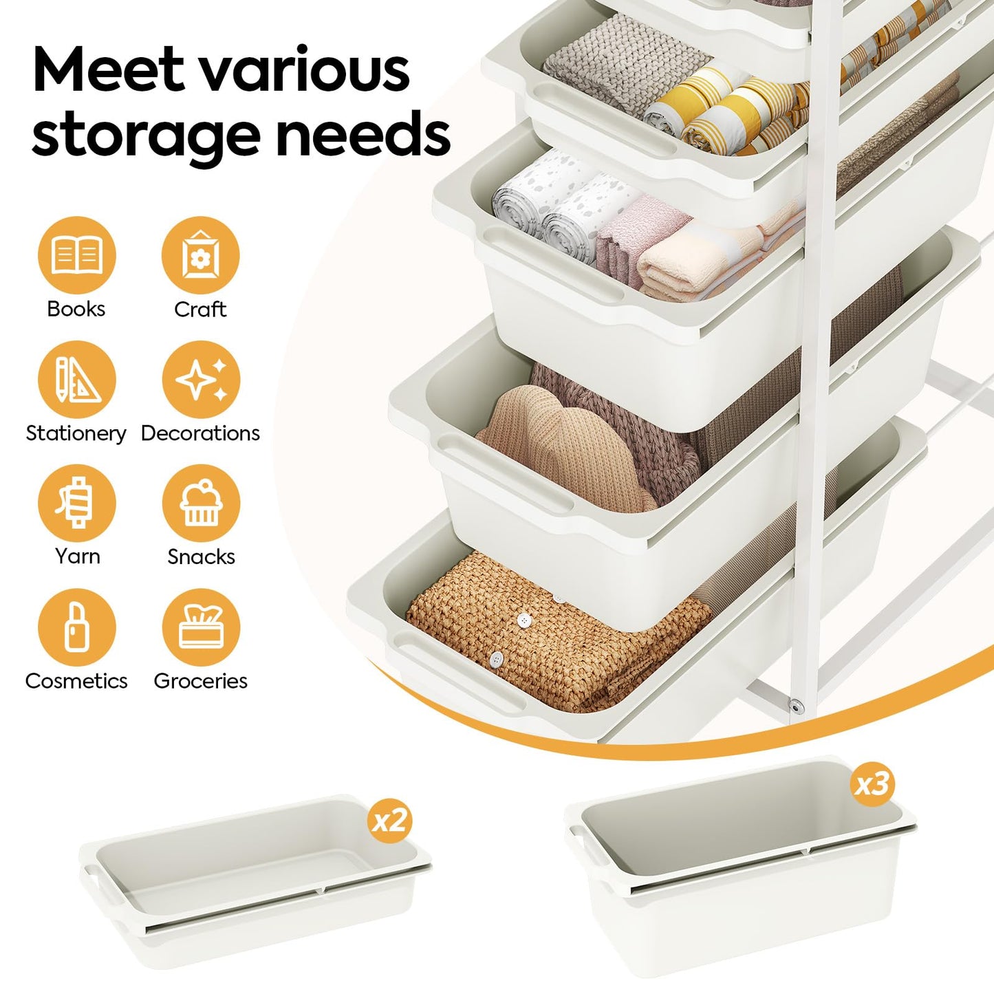 KINGBOARD 5 Drawers Storage Trolley on Wheels, White