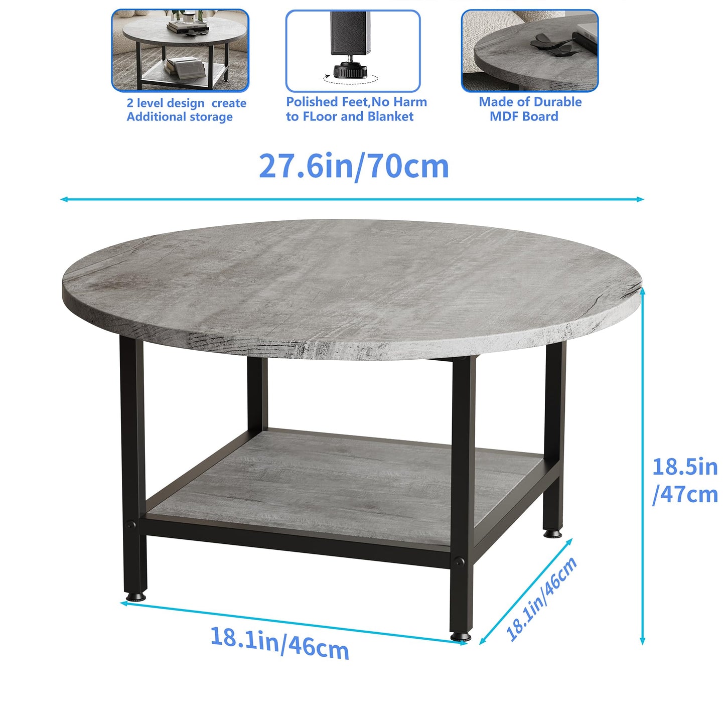ARFARLY Round Coffee Table for Living Room,Side Table for Small Space, Grey