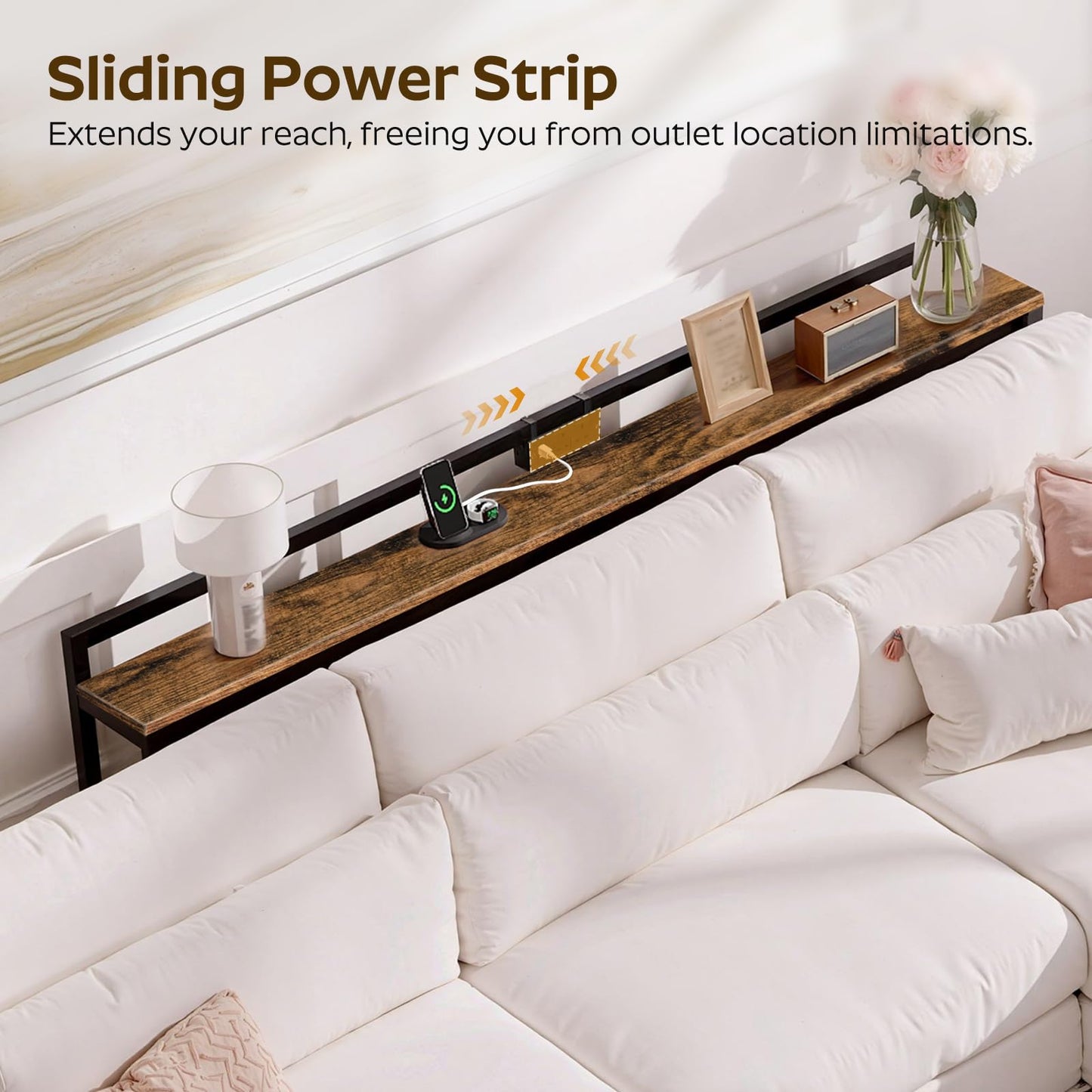 YATINEY 180 cm Slim Console Table with Adjustable Height (70 cm-90 cm), Behind Sofa Table Skinny with Outlet, Long Entryway Table