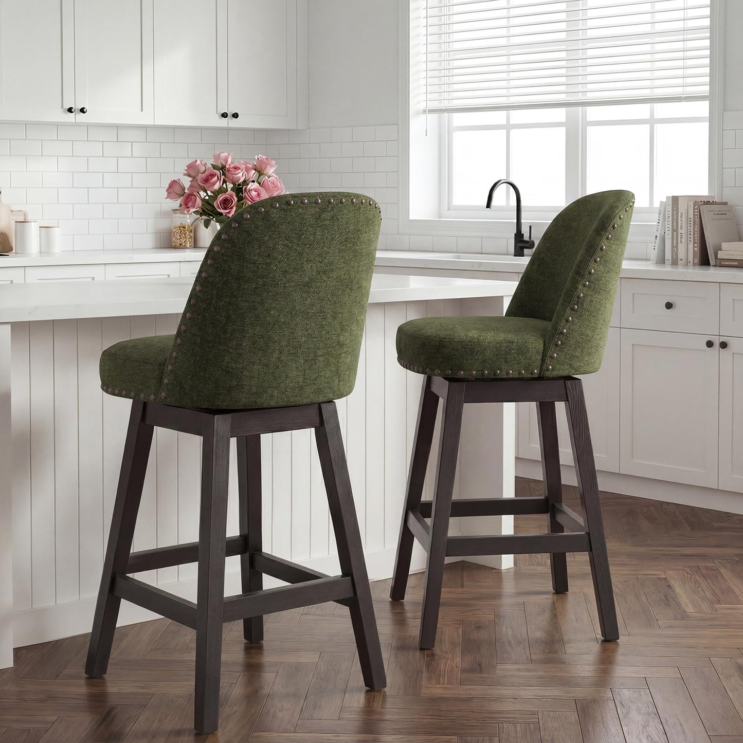Bar Stools Set of 2, 360° Swivel Counter Stools with Upholstered Seat, Wooden Frame & Nailhead Trim