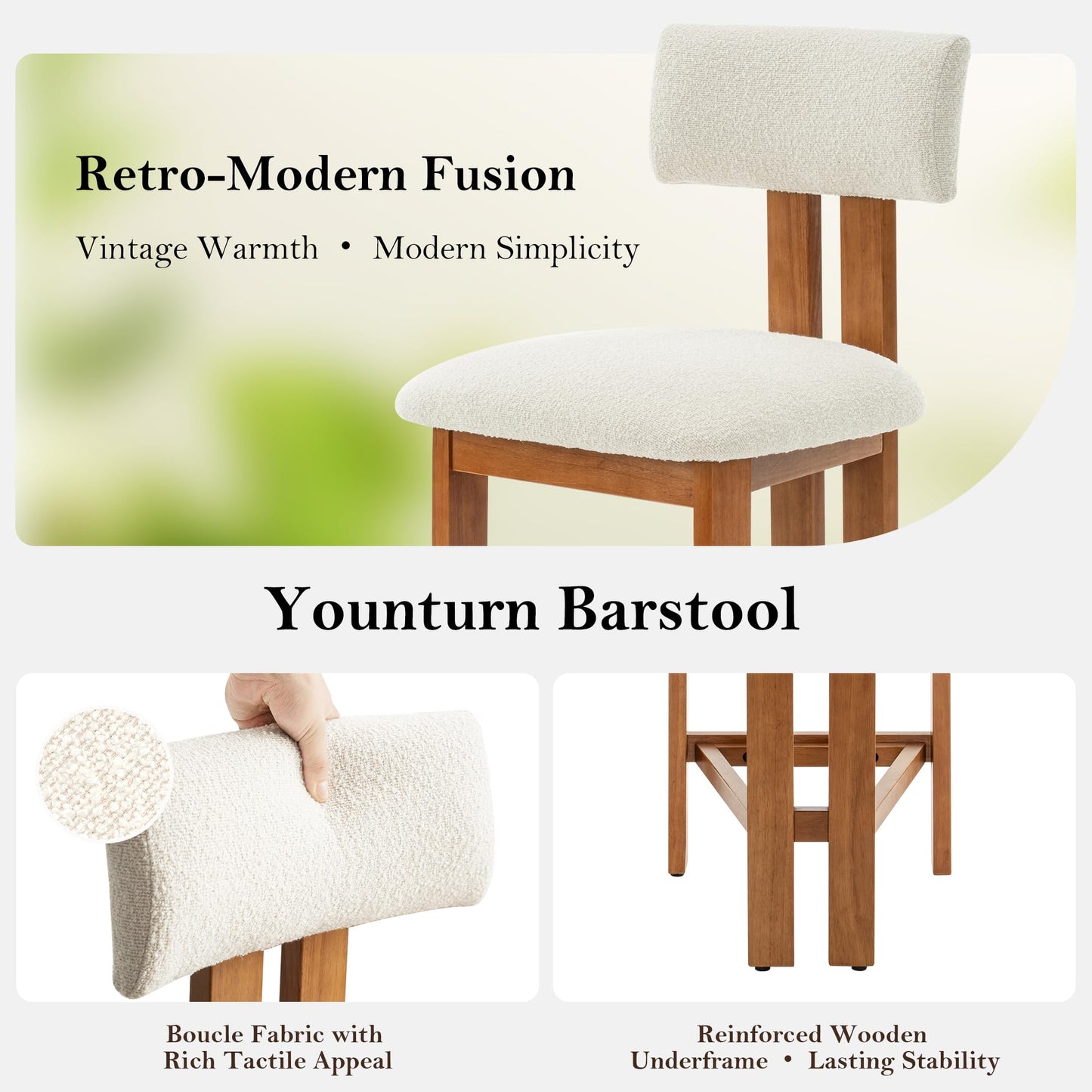 younturn Retro Mid Century Bar Stools Set of 2, Comfort Padded Boucle Upholstered Seats Breakfast Barstools with Backrest