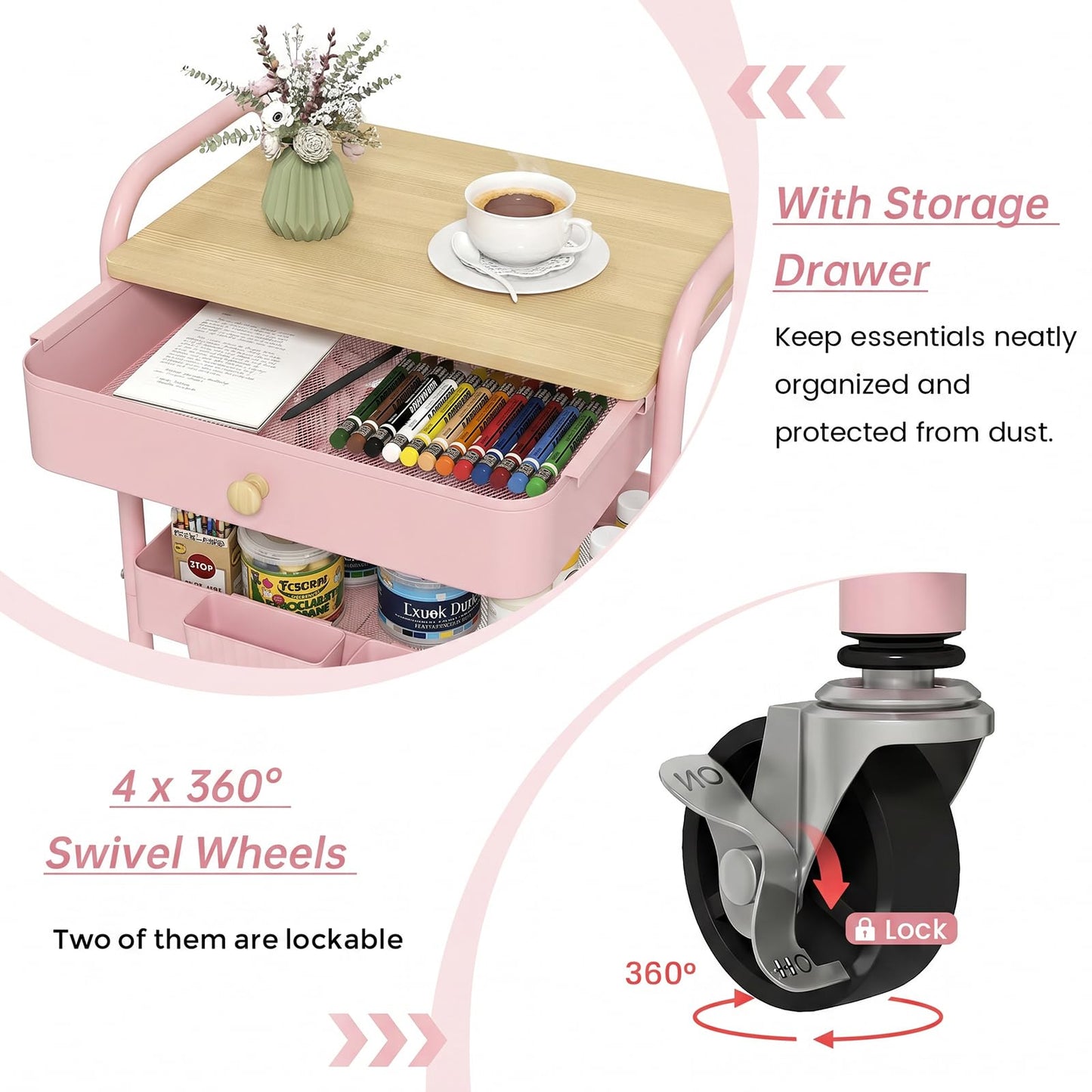 danpinera 3 Tier Rolling Cart, Metal Utility Cart with Wooden Table Top & Drawer, Rolling Carts, Storage Cart with Hanging Cups for Kitchen, Bathroom