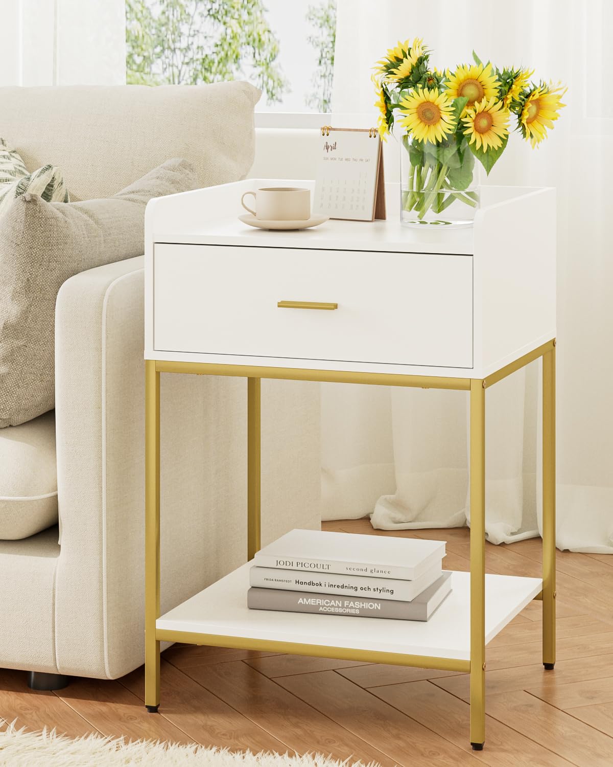HEYZOEY Bedside Table, 3-Tier Bedside Cabinet with Storage Drawer and Open Shelf, Small End Side Table with Gold Legs for Bedroom, Living Room