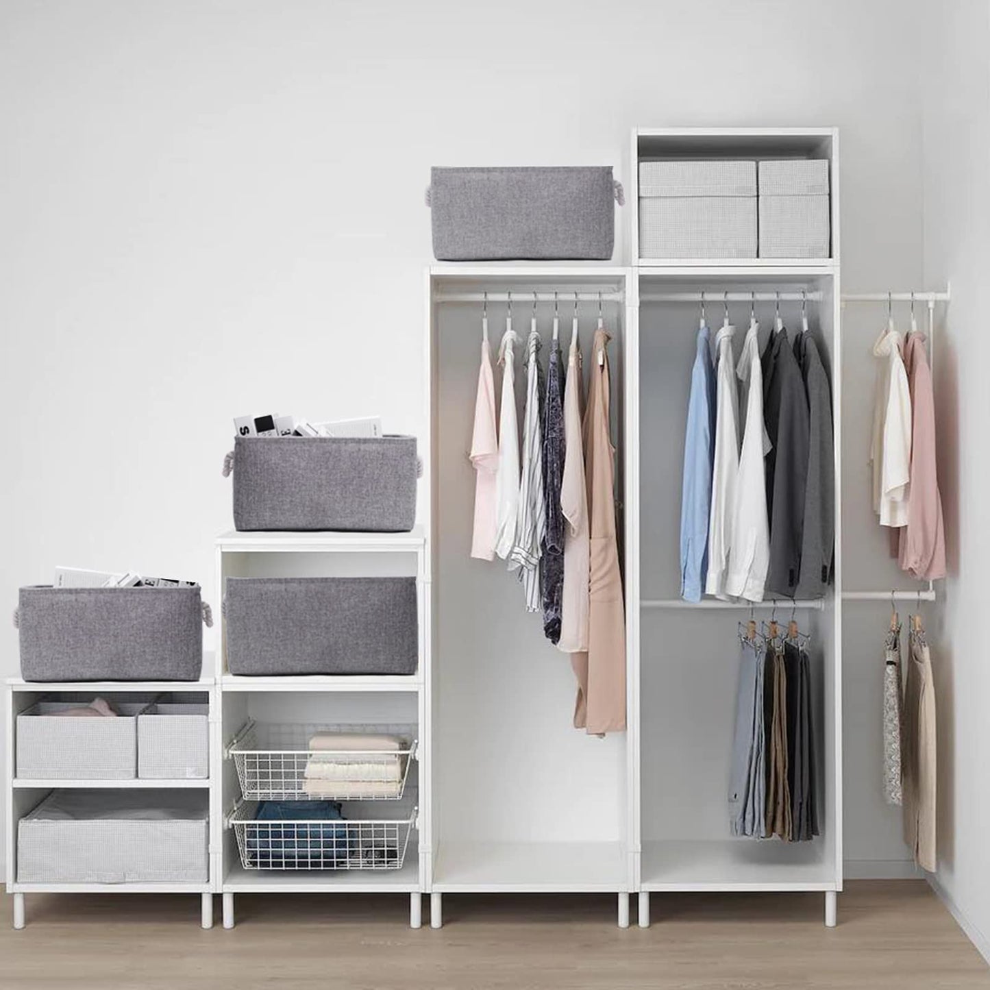 PWVMWM Fabric Grey Storage Boxes with Handles, Small Canvas Storage Basket for Cupboards, Shelves, Toys, Clothes, Office (grey, small)