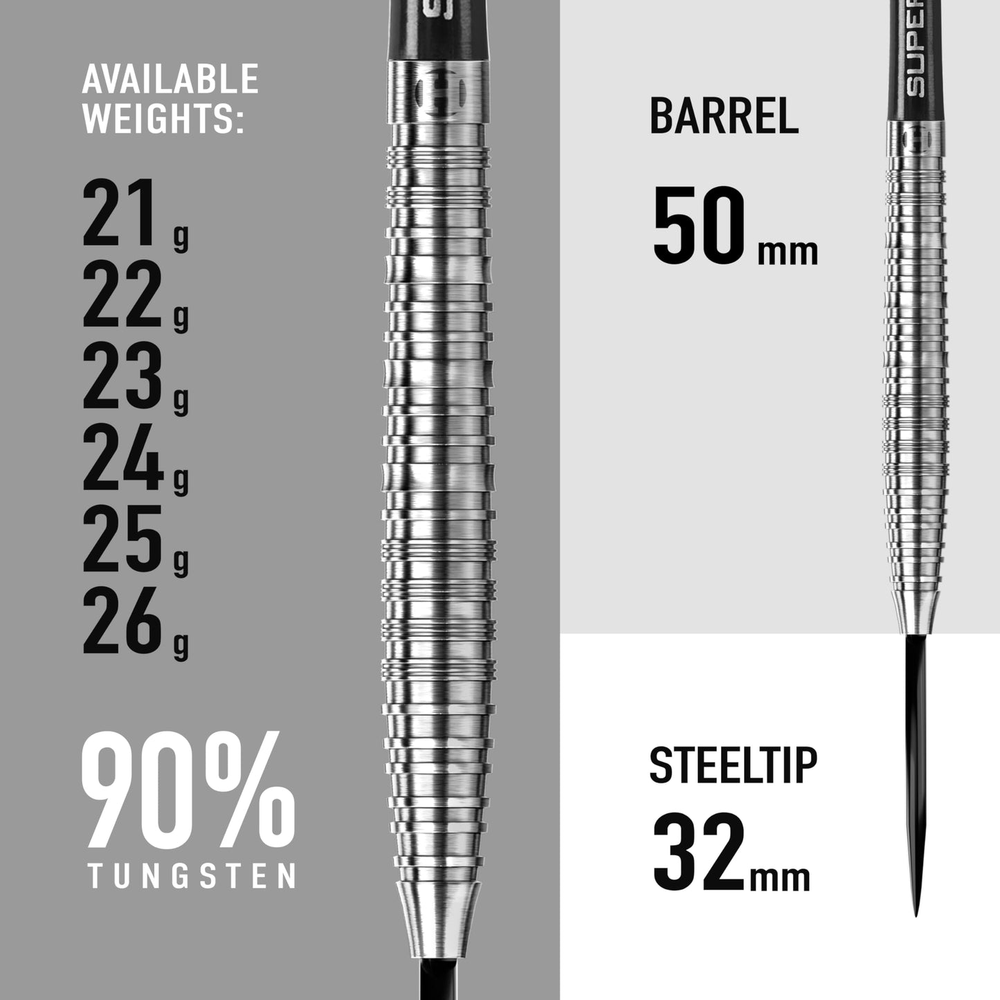 Harrows NX90 90% Tungsten Steel Tip Darts Set 21g, 22g, 23g, 24g, 25g & 26g - Includes Black Supergrip Midi Shafts & Micron NX90 Flights (24g)