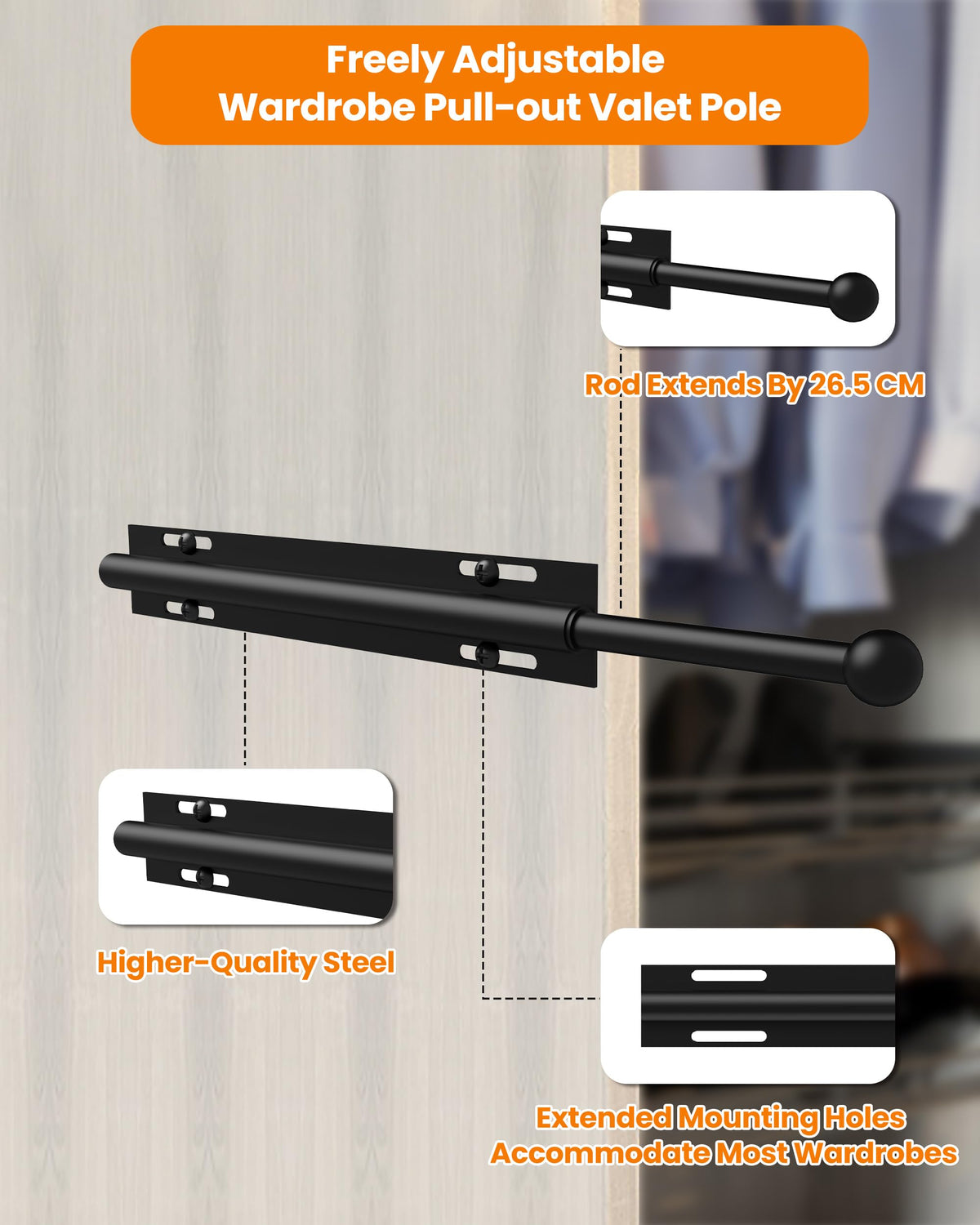 Widyana Telescopic Wardrobe Rail | Extendable Valet Rod for Clothes 12” | Adjustable Pull-Out Hanging Rail for Suits & Next-Day Outfits, Black