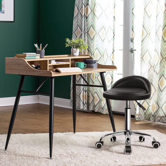 KKTONER PU Leather Round Rolling Stool with Back Rest Height Adjustable Swivel Drafting Work SPA Task Chair with Wheels (Black)