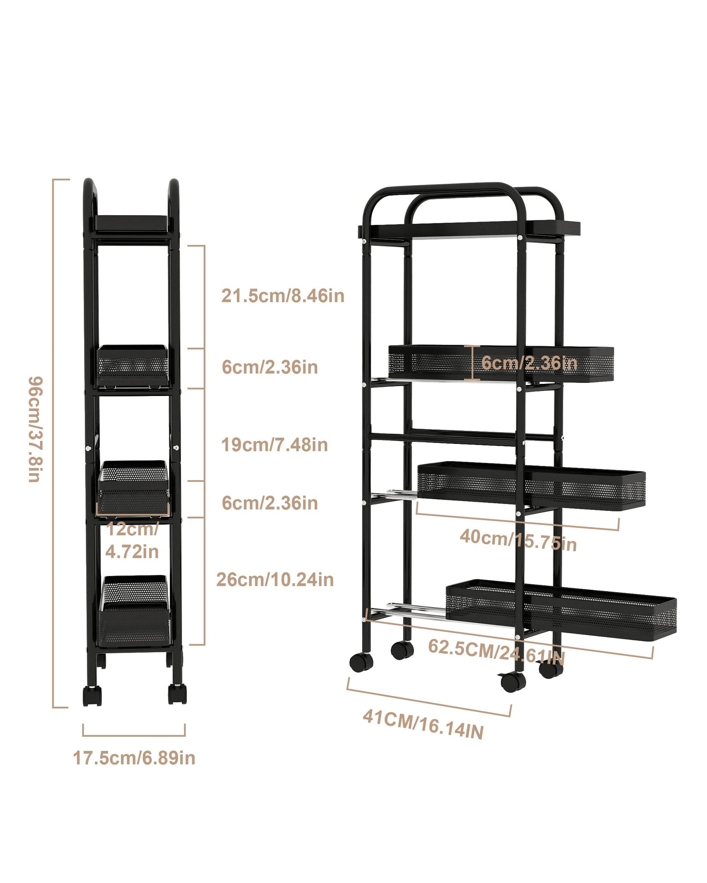 UMDONX Metal Slim Storage Trolley with Pull out Drawer Basket 4 Tier