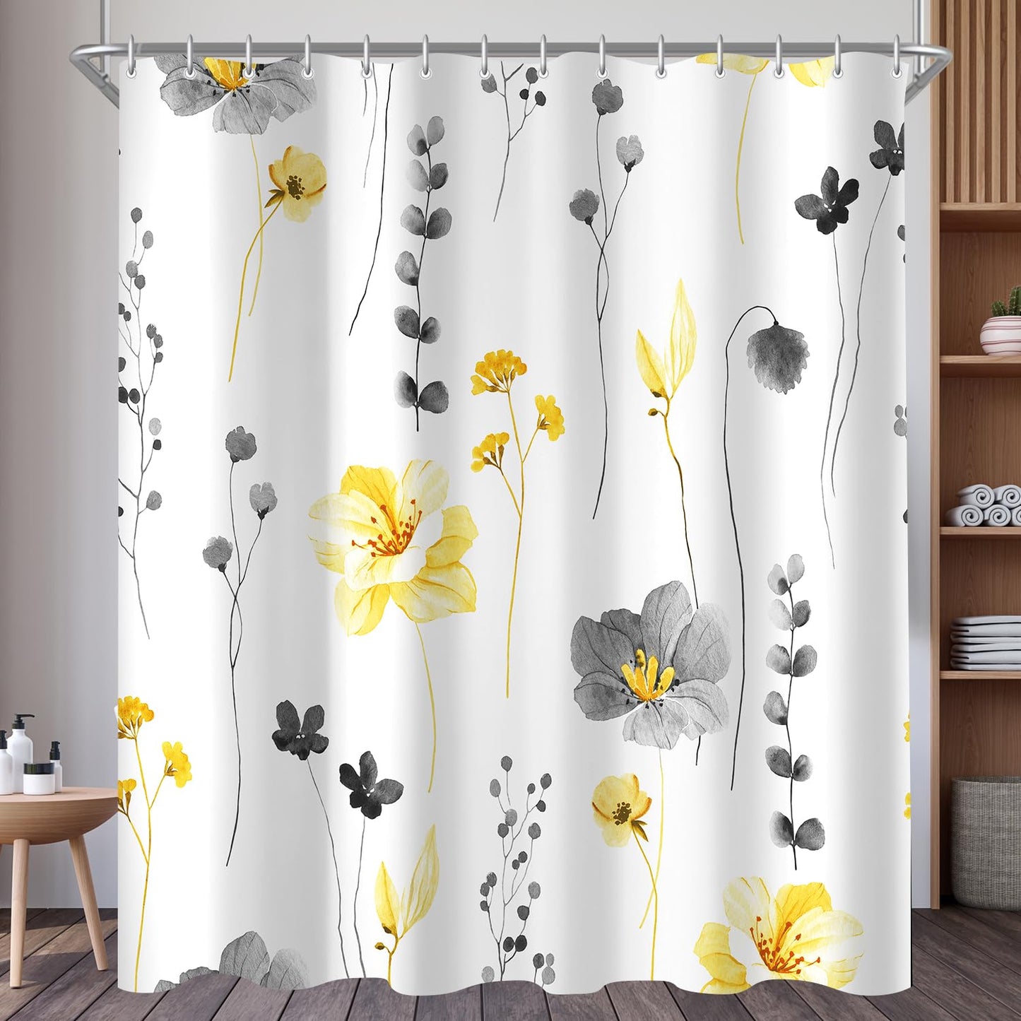 Lerores Shower Curtain, 180 x 180 cm, Yellow & Grey Flower, Weighted Hem, Anti-Mould, Water-Repellent, Washable Polyester Bath Curtains with 12
