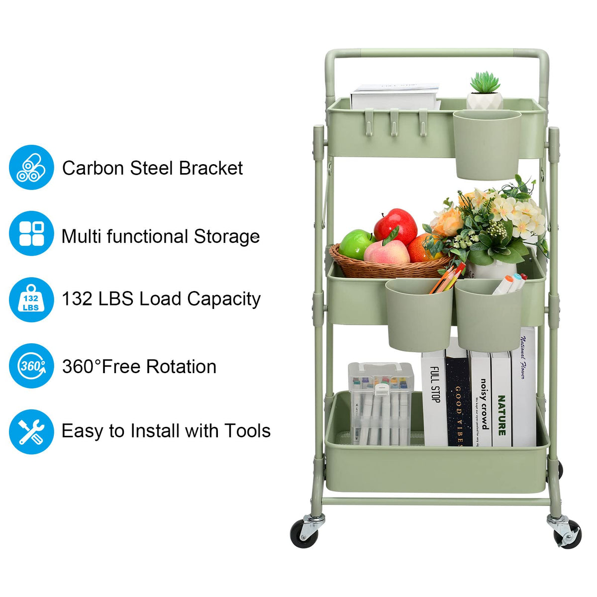 Shrivee 3-Tier Foldable Metal Shelf Organiser, Serving Trolley with Wheels for Kitchen, Bathroom, Office Green