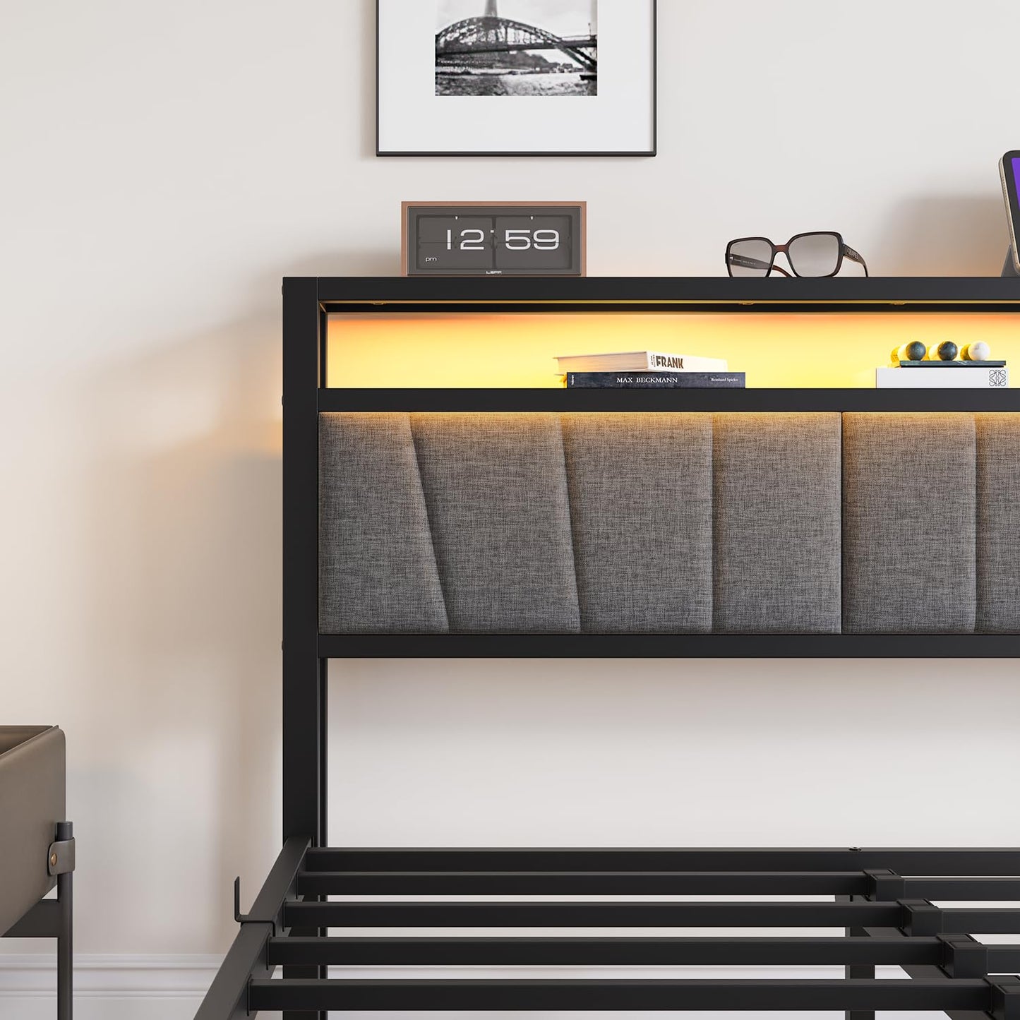 BORPHOM King Size Bed Frame with Storage and LED Lights,5ft Metal Platform Bed Frame King Size Bed Base with Charging Station,Mattress Base,Strong