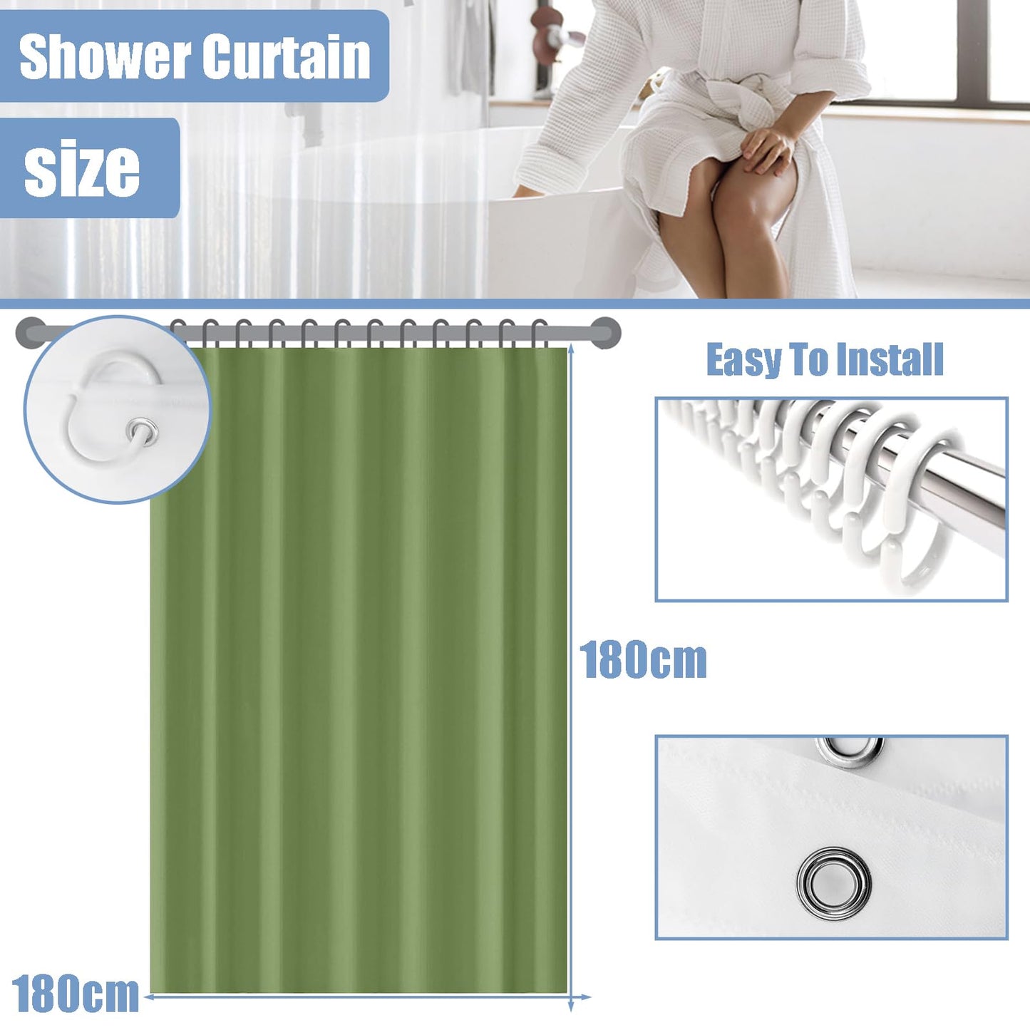 PEVA Shower Curtain 180x180cm,Heavy Duty Plastic Marble Pattern Weighted Shower Curtains Mould Proof Resistant Waterproof Bath Curtains with 12 Hooks