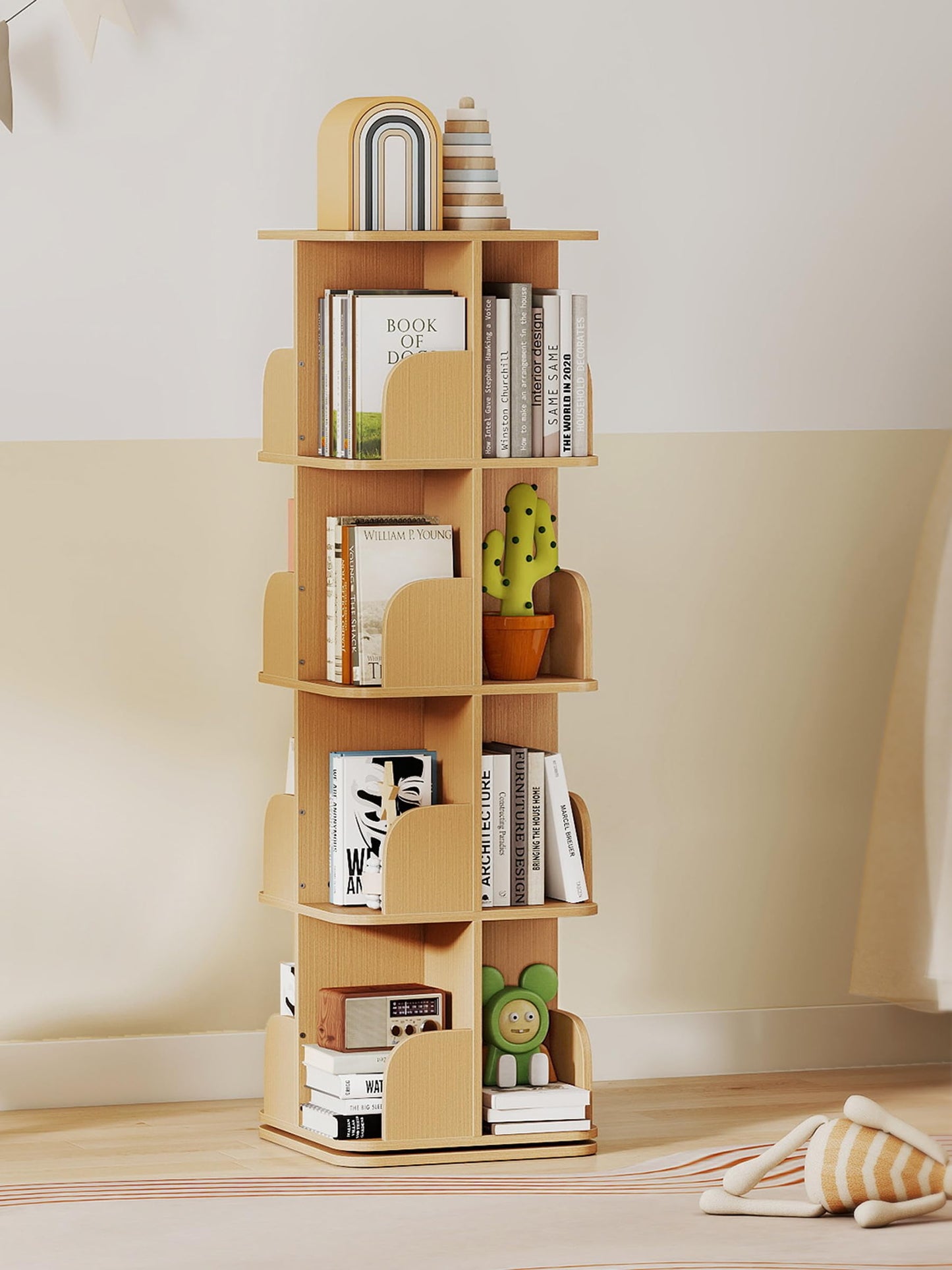 yeshine 4 Tier Rotating Bookshelf Wood Square Revolving Bookcase