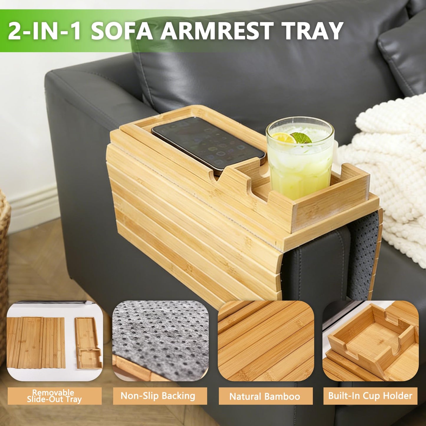 Wooden Armrest Tray with Magnetic Removable Tray, Cup Holder & Phone Slot – Multifunctional Organizer for Sofa, Living Room & Office